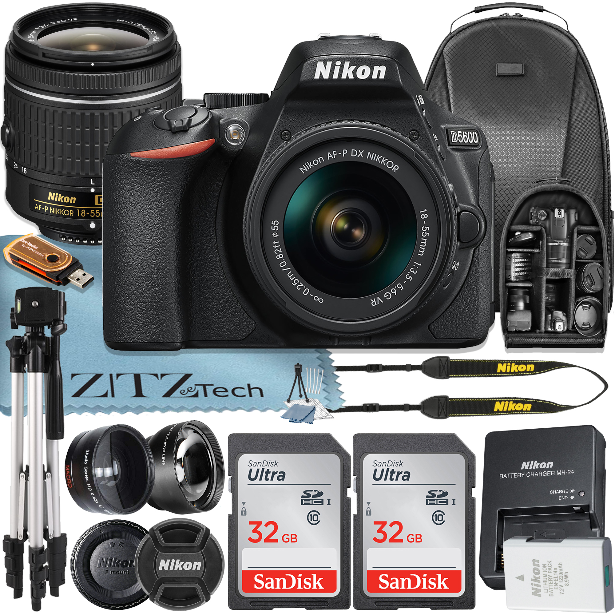 Nikon D5600 DSLR Camera 24.2MP Full HD 1080p with 18-55mm Lens + 2 Pcs SanDisk 32GB Memory Card + Tripod + Backpack + ZeeTech Accessory Bundle