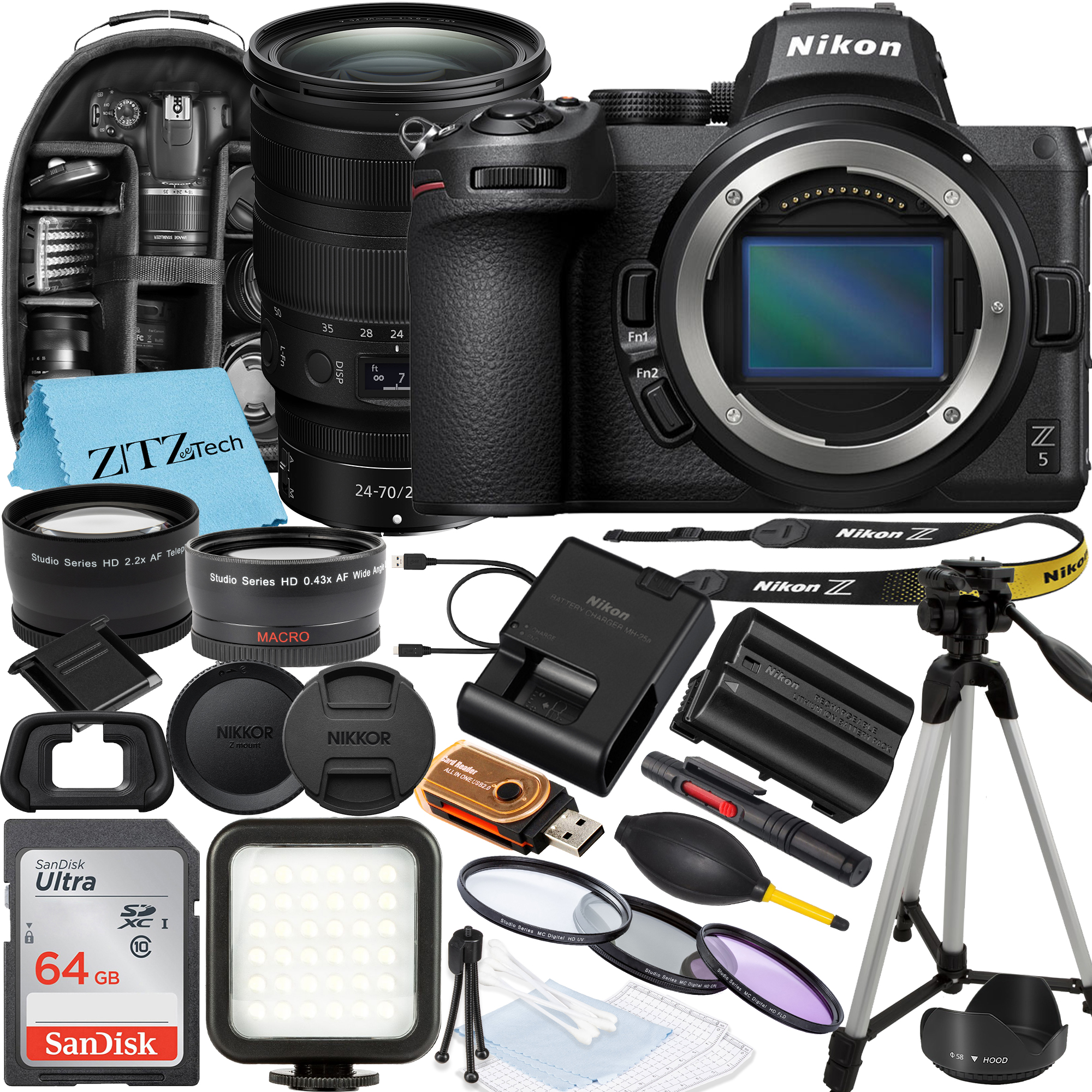 Nikon Z5 Mirrorless Camera with NIKKOR Z 24-70mm f/4 S Lens, SanDisk 64GB Memory Card, Backpack, Flash, Tripod and ZeeTech Accessory Bundle