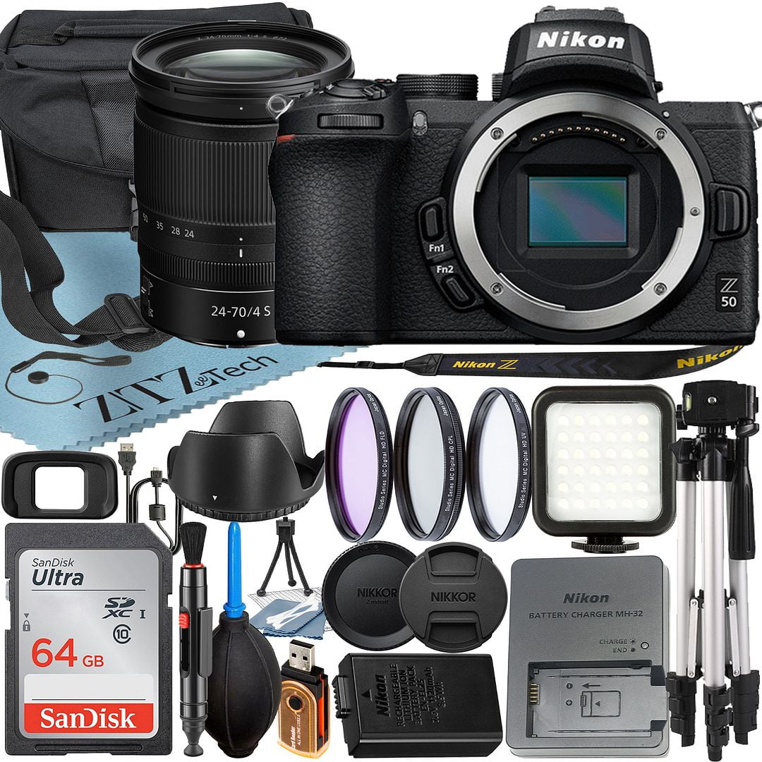 Nikon Z50 Mirrorless Camera with NIKKOR Z 24-70mm f/4 S Lens + SanDisk 64GB Card + Case + 3 Pieces Filter + Flash + ZeeTech Accessory Bundle