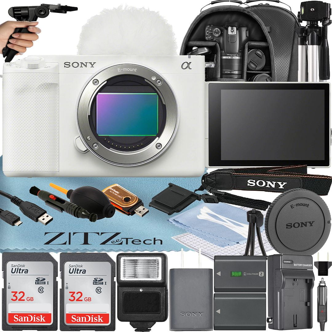 Sony ZV-E1 Mirrorless Camera White (Body Only) with 2 Pack SanDisk 32GB Memory Card + Backpack + Flash + Tripod + ZeeTech Accessory Bundle