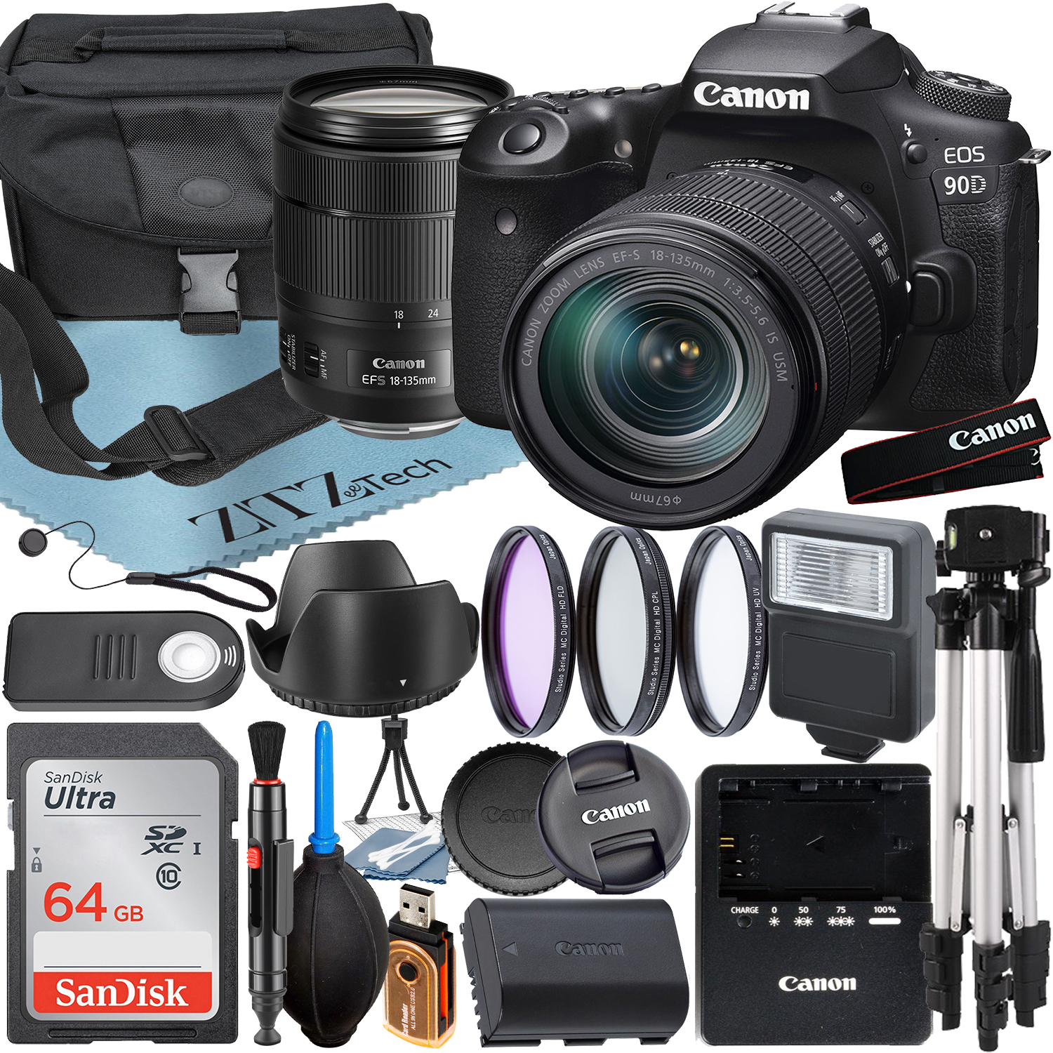 Canon EOS 90D DSLR Camera with 18-135mm IS USM Lens + SanDisk 64GB Card + Case + 3 Pieces Filter + Flash + ZeeTech Accessory Bundle