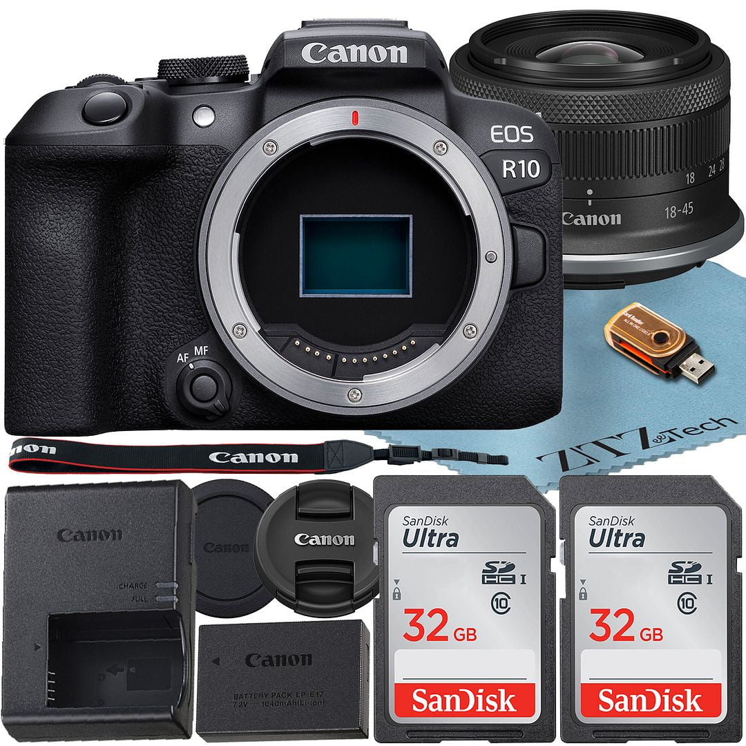 Canon EOS R10 Mirrorless Camera with RF-S 18-45mm f/4.5-6.3 IS STM Lens + 2 Pack SanDisk 32GB Memory Card + ZeeTech Accessory Bundle