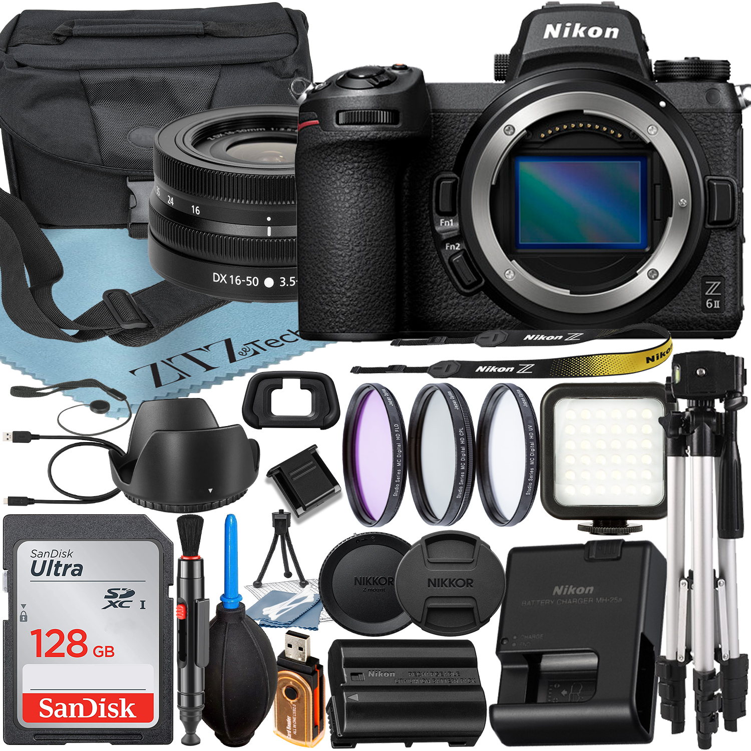 Nikon Z6 II Mirrorless Camera with NIKKOR Z DX 16-50mm VR Zoom Lens + SanDisk 128GB Card + Case + 3 Pieces Filter + Flash + ZeeTech Accessory Bundle