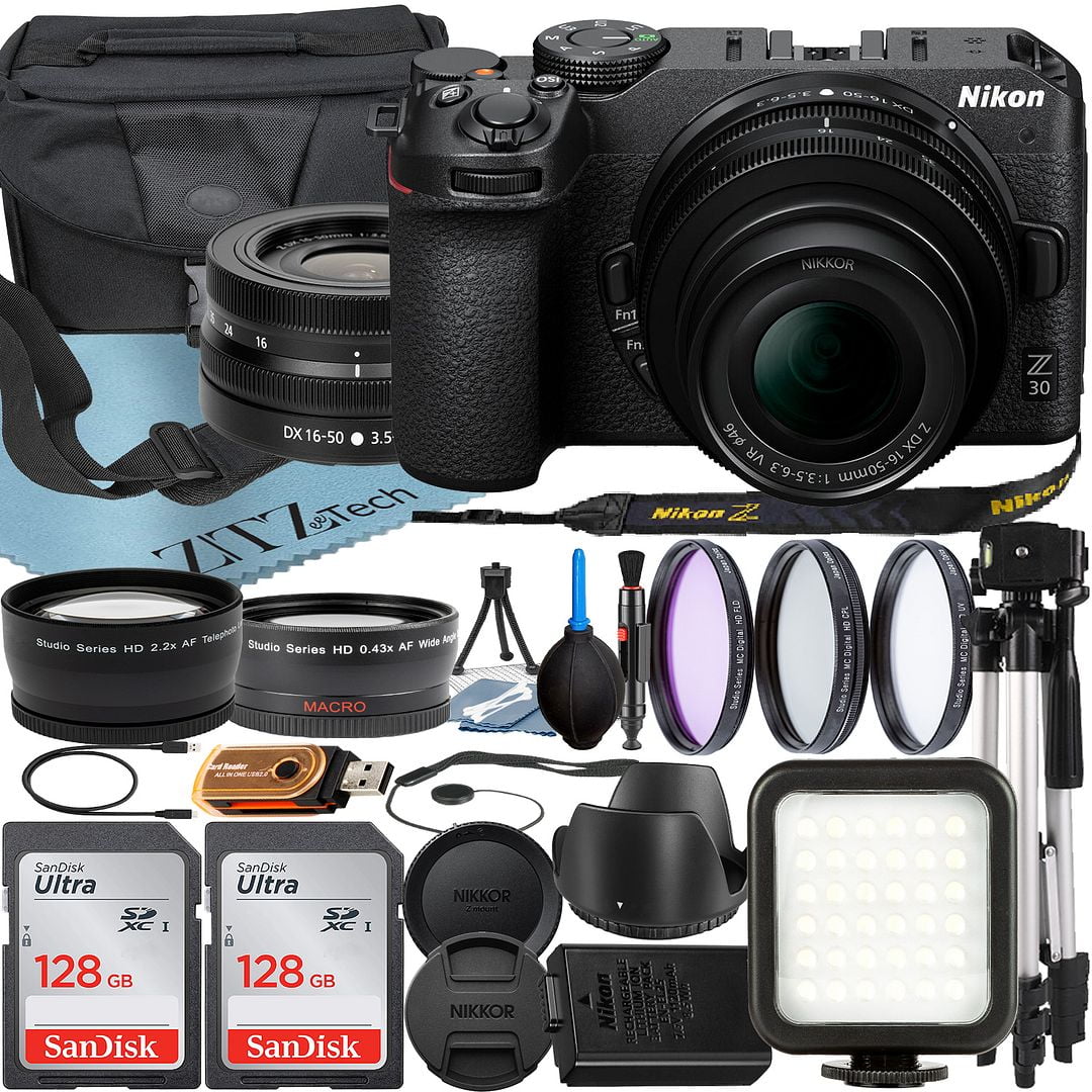 Nikon Z30 Mirrorless Camera with NIKKOR Z DX 16-50mm VR Zoom Lens + SanDisk 128GB Card + Case + Wideangle + Tripod + ZeeTech Accessory Bundle