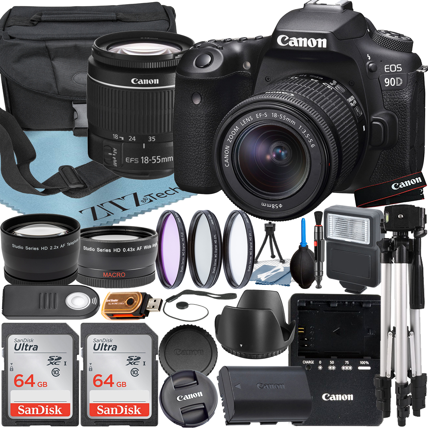 Canon EOS 90D DSLR Camera with 18-55mm Lens + SanDisk 64GB Card + Case + Telephoto + Tripod + ZeeTech Accessory Bundle