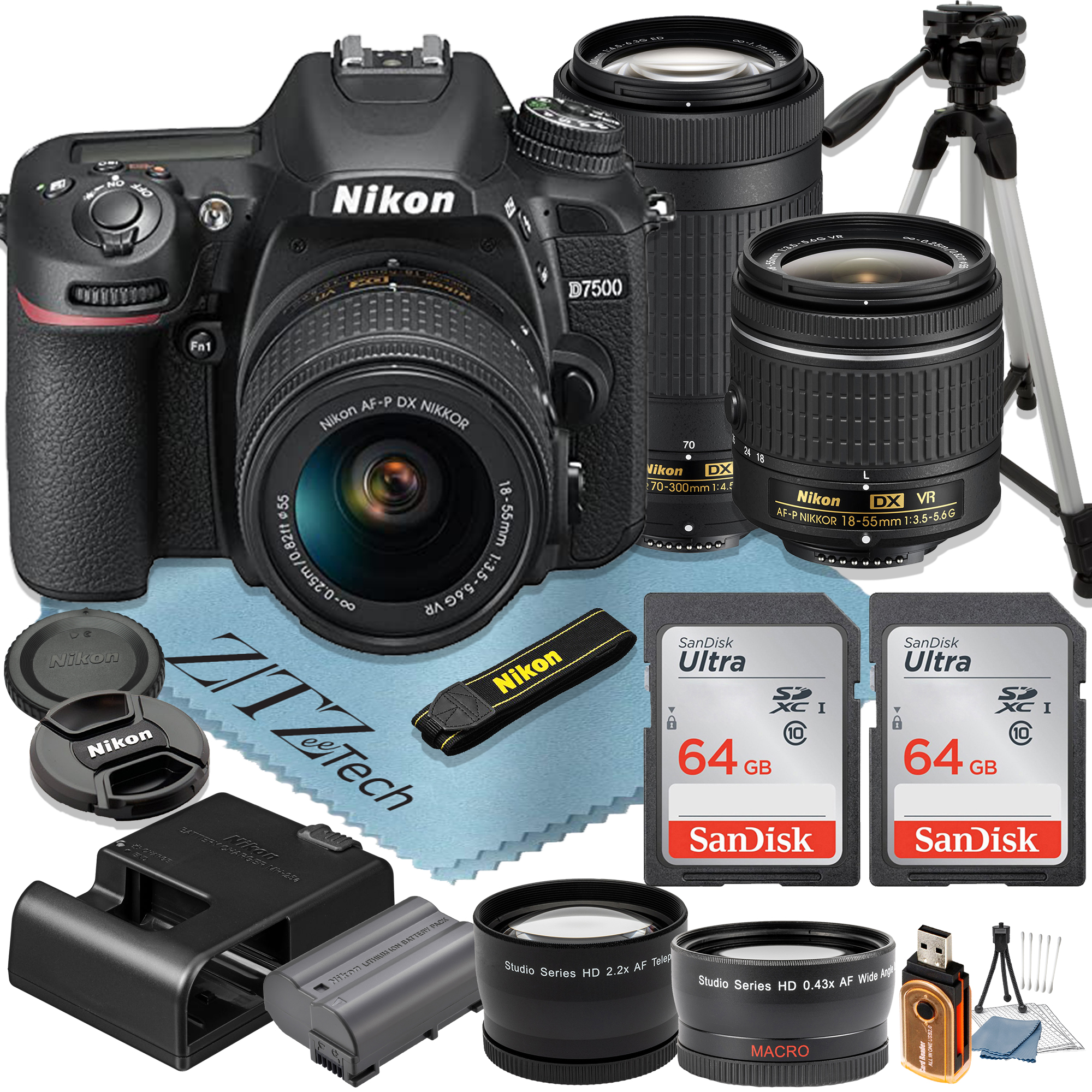 Nikon D7500 DSLR Camera with 18-55mm + 70-300mm Lens + 2 Pcs SanDisk 64GB Memory Cards + Tripod + Wide Angle + ZeeTech Accessory Bundle