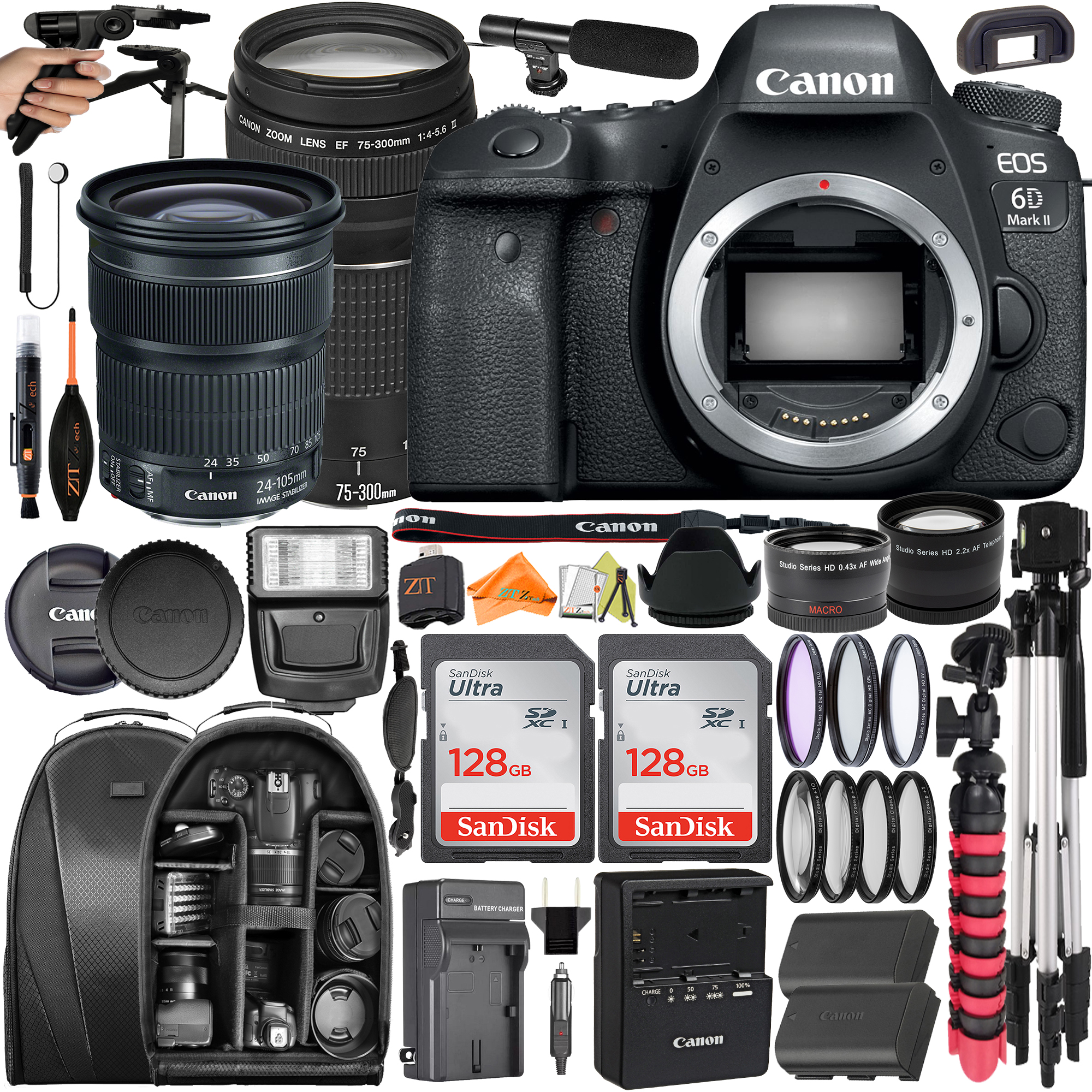 Canon EOS 6D Mark II DSLR Camera with 24-105mm + 75-300mm Lens + 2 Pack SanDisk 128GB + Backpack + ZeeTech Accessory Bundle