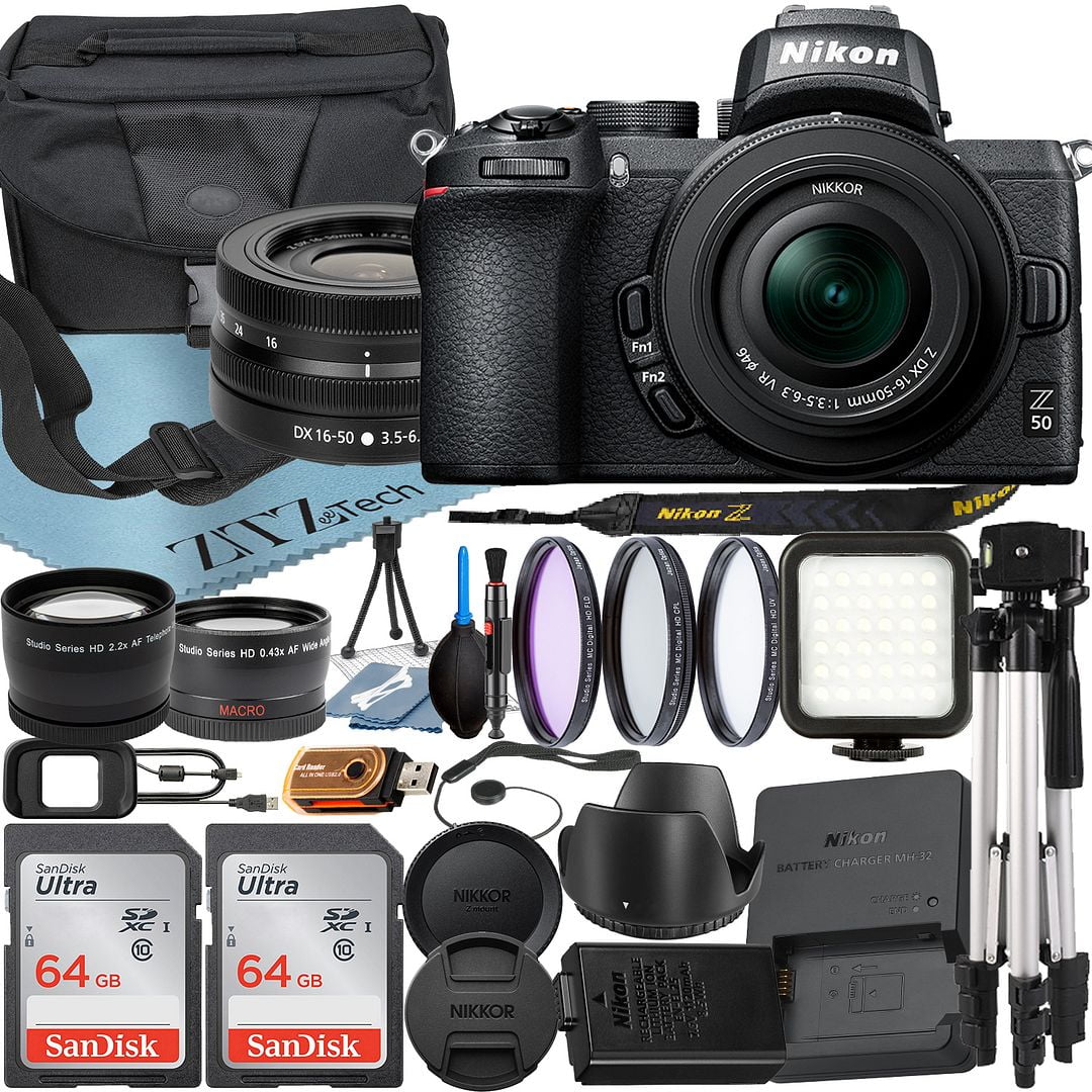 Nikon Z50 Mirrorless Camera with NIKKOR Z DX 16-50mm VR Zoom Lens + SanDisk 64GB Card + Case + Wideangle + Tripod + ZeeTech Accessory Bundle