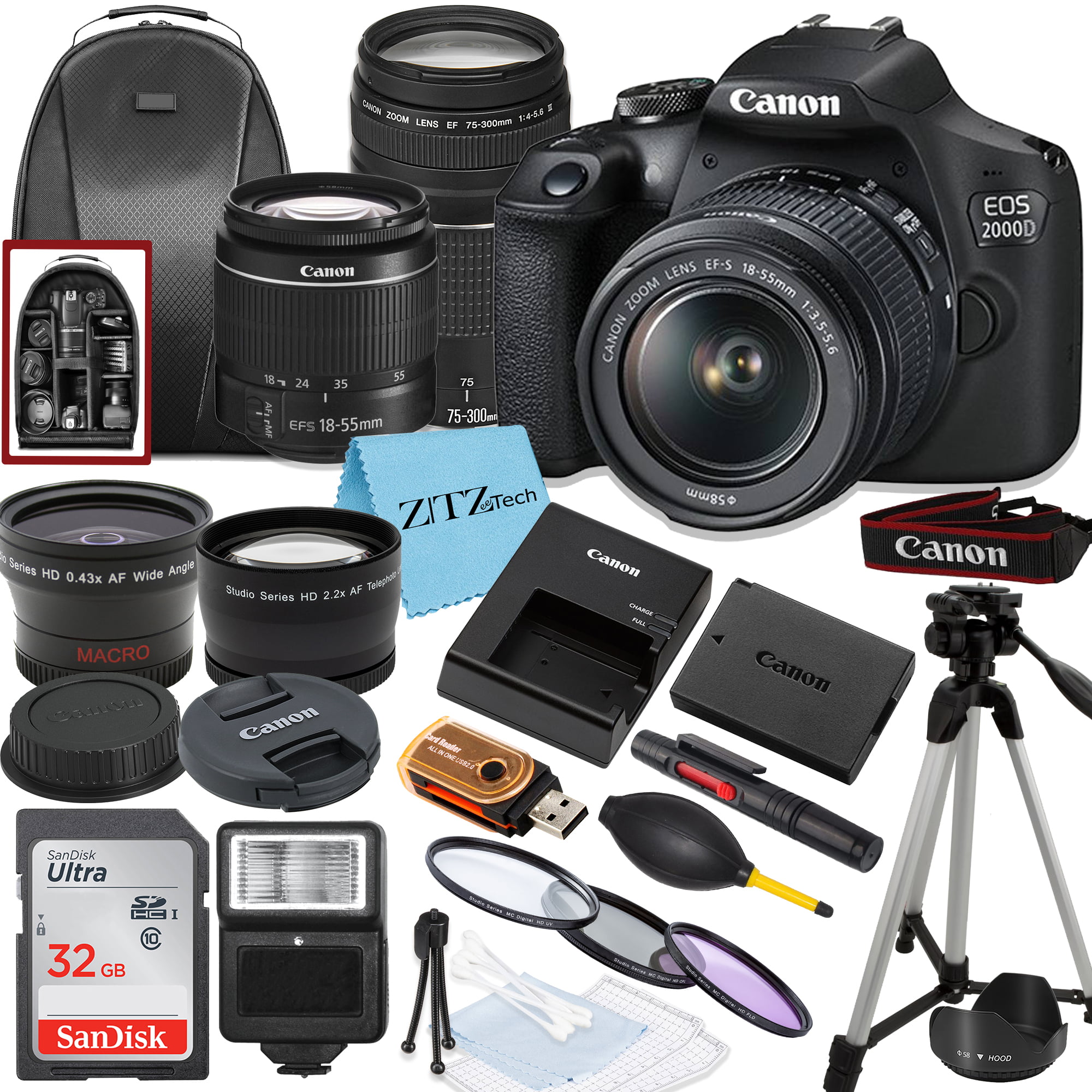 Canon EOS 2000D / Rebel T7 DSLR Camera with 18-55mm, 75-300mm Lens, SanDisk 32GB Memory, Tripod, Backpack and ZeeTech Bundle
