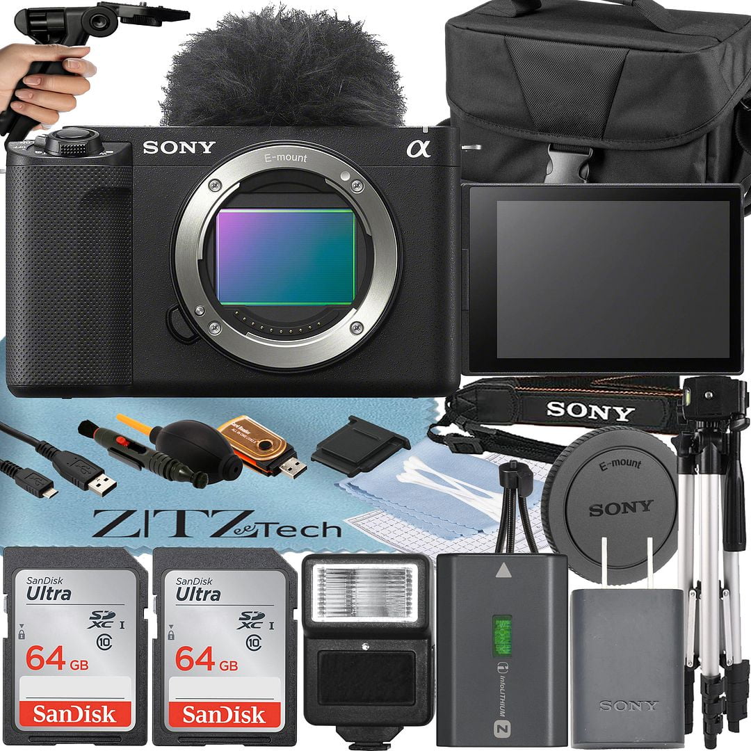 Sony ZV-E1 Mirrorless Camera Black (Body Only) with 2 Pack SanDisk 64GB Card + Case + Tripod + Flash + ZeeTech Accessory Bundle