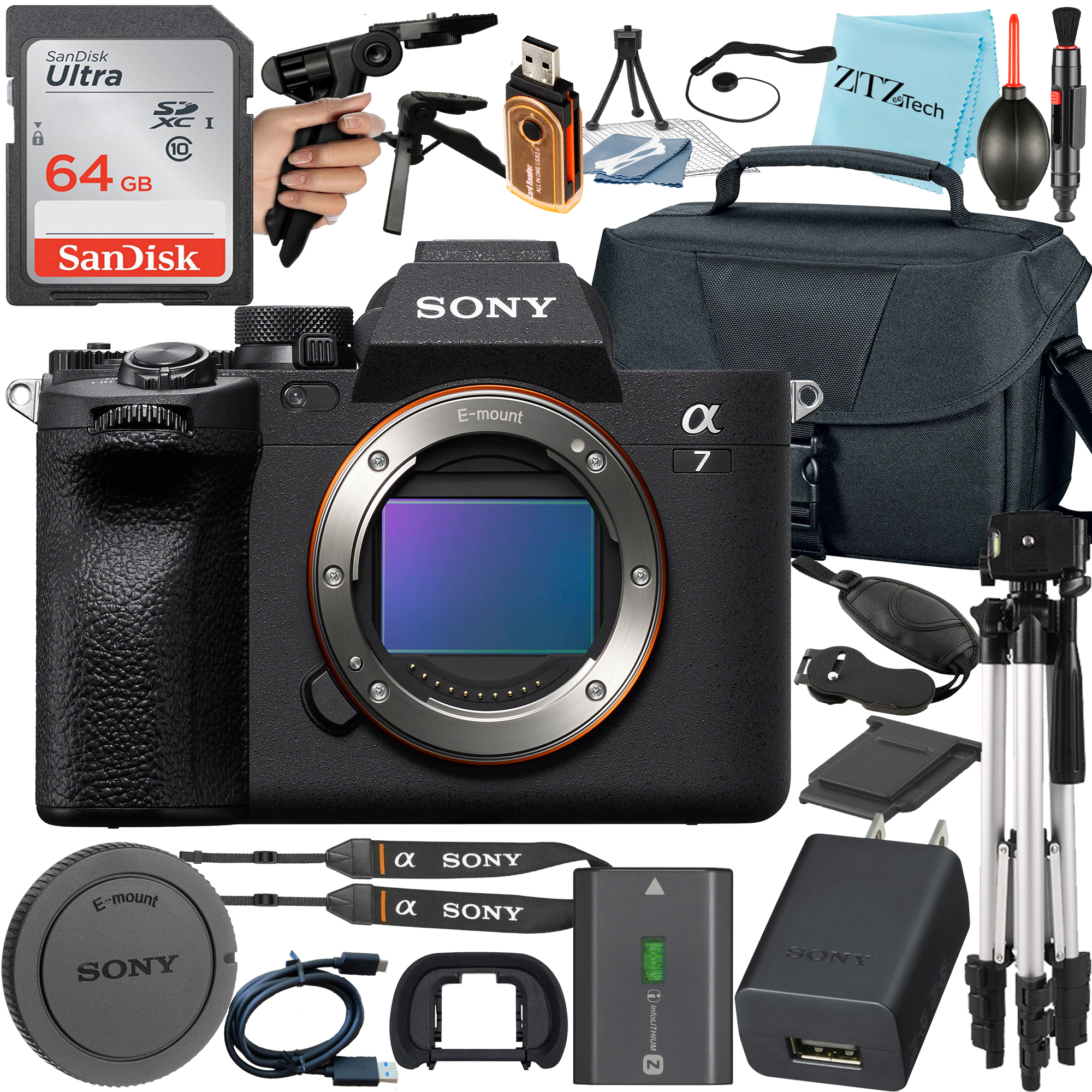 Sony Alpha a7 IV Mirrorless Digital Camera (Body Only) + SanDisk 64GB Card + Case + Tripod + ZeeTech Accessory Bundle