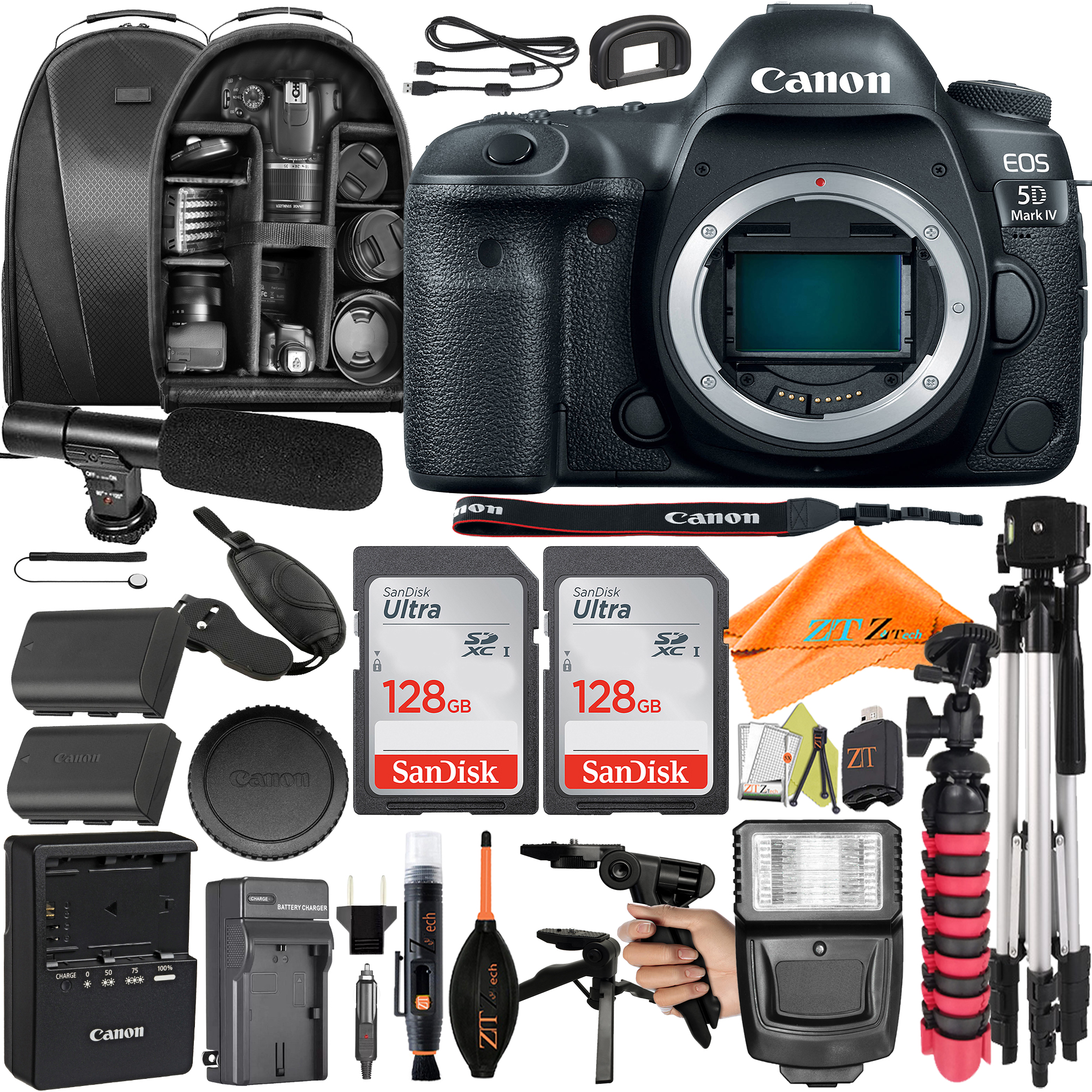 Canon EOS 5D Mark IV DSLR Camera (Body Only) with SanDisk 128GB + Backpack Case + Microphone + ZeeTech Accessory Bundle
