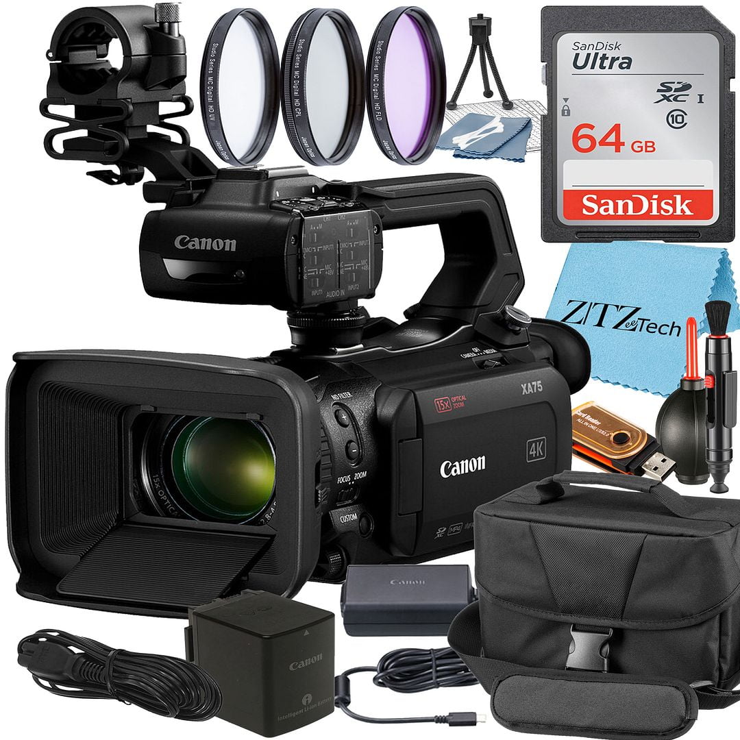 Canon XA75 UHD 4K30 Camcorder with Dual-Pixel Autofocus + SanDisk 64GB Memory Card + Case + 3 Pieces Filter + ZeeTech Accessory Bundle