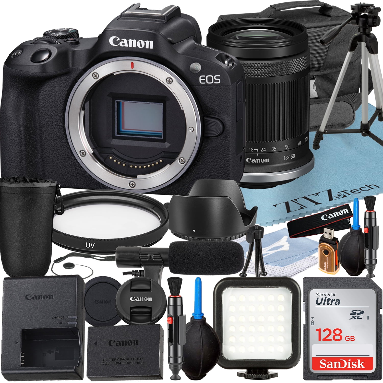 Canon EOS R50 Mirrorless Camera with RF-S 18-150mm Lens + SanDisk 128GB Memory Card + Case + LED Flash + ZeeTech Accessory Bundle