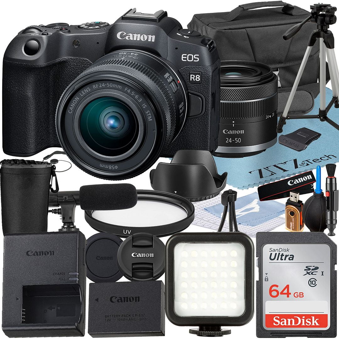 Canon EOS R8 Mirrorless Camera with RF 24-50mm Lens + SanDisk 64GB Memory Card + Case + LED Flash + ZeeTech Accessory Bundle