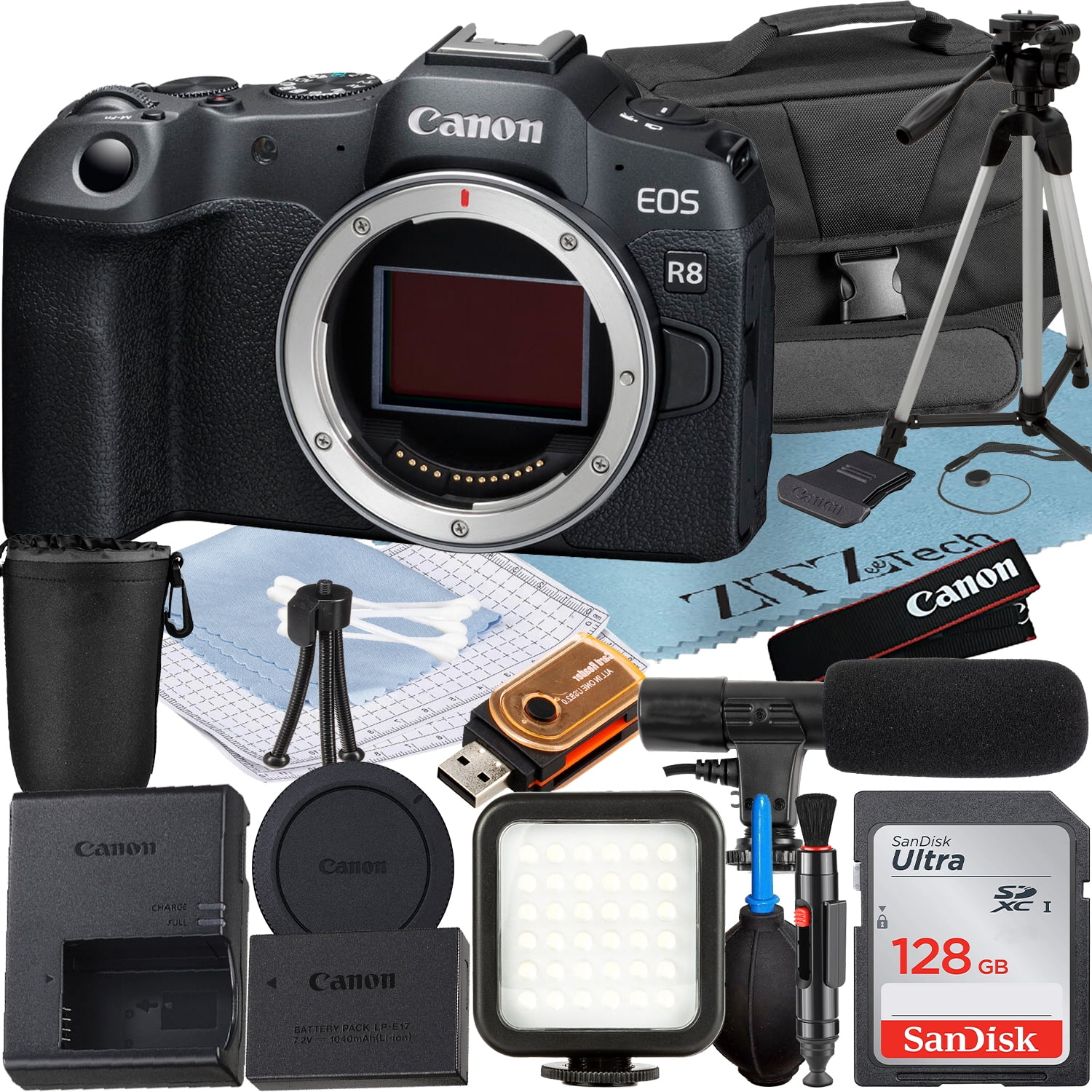 Canon EOS R8 Mirrorless Camera (Body) with SanDisk 128GB Memory Card + Case + LED Flash + ZeeTech Accessory Bundle