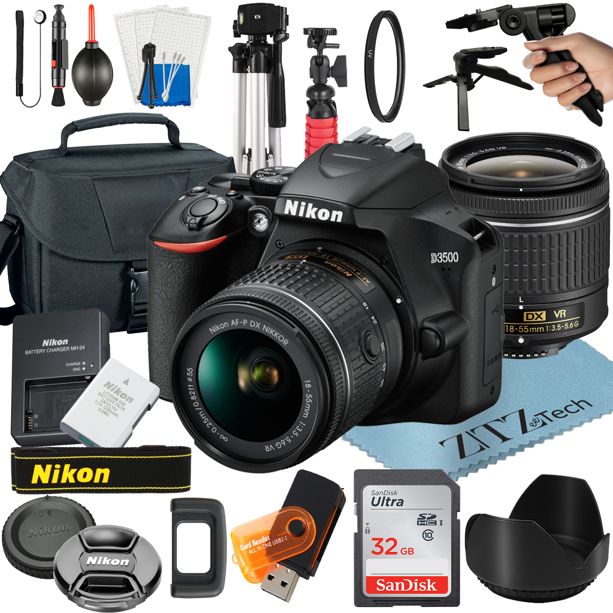Nikon D3500 DSLR Camera Bundle with NIKKOR 18-55mm Zoom Lens + 32GB SanDisk Card + Case + Tripod + ZeeTech Accessory