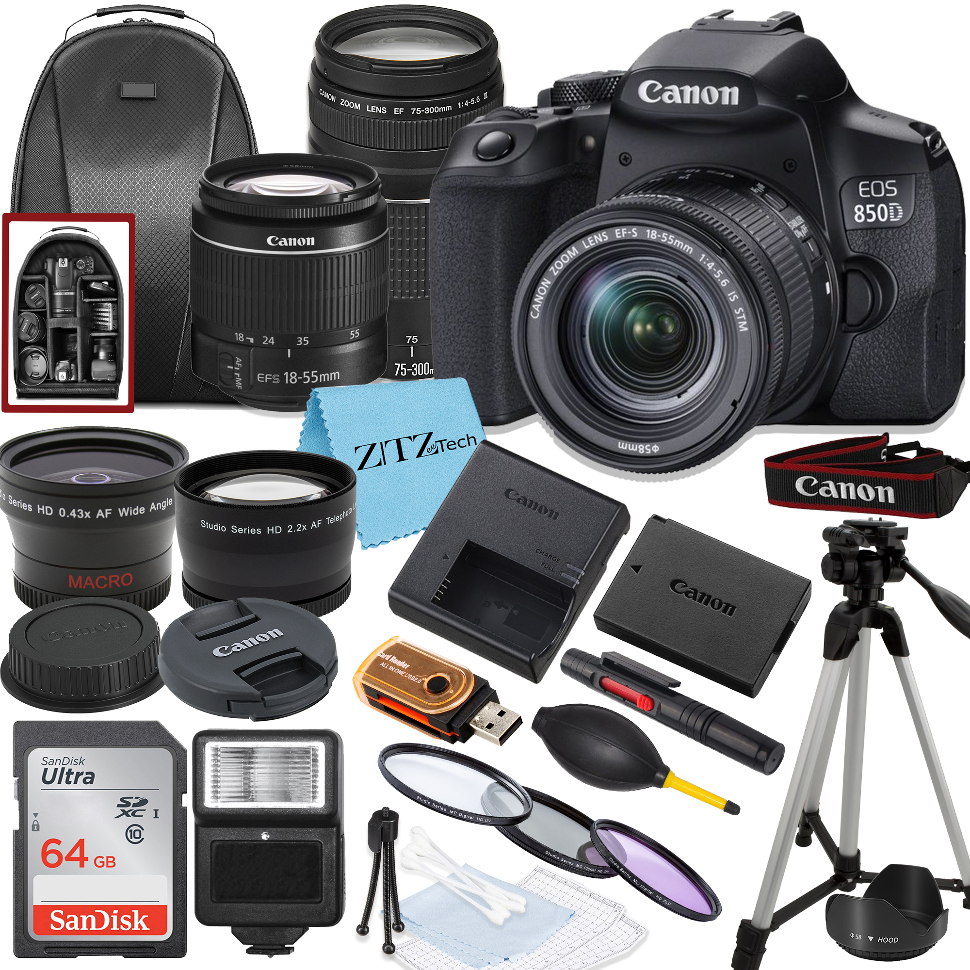 Canon EOS 850D / Rebel T8i DSLR Camera Bundle with 18-55mm, 75-300mm Lens, SanDisk 64GB Card, Backpack and ZeeTech Accessory