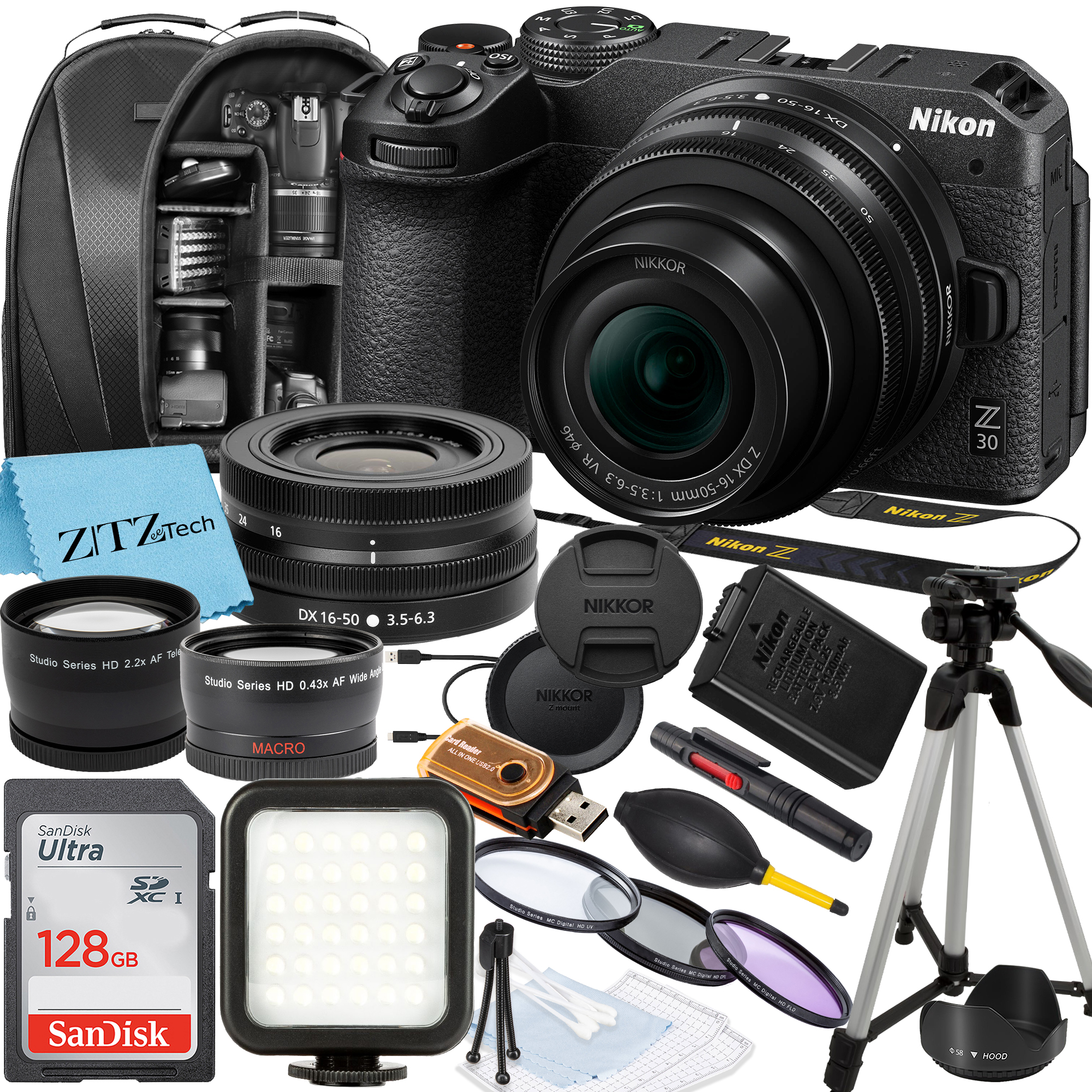 Nikon Z30 Mirrorless Camera with NIKKOR Z DX 16-50mm VR Zoom Lens, SanDisk 128GB Memory Card, Backpack, Flash, Tripod and ZeeTech Accessory Bundle