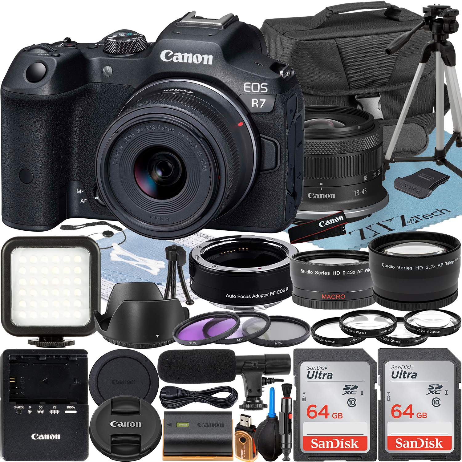 Canon EOS R7 Mirrorless Camera with RF-S 18-45mm Lens + Mount Adapter + 2 Pack SanDisk 64GB Memory Card + Case + ZeeTech Accessory