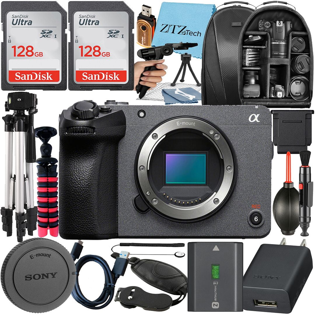 Sony FX30 Digital Cinema Camera + 2 Pack 128GB Memory Card + Backpack + Tripod + ZeeTech Cloth