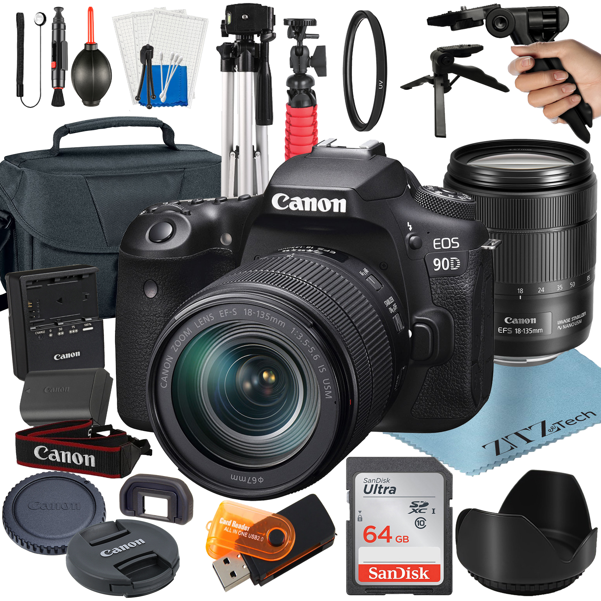 Canon EOS 90D DSLR Camera Bundle with 18-135mm Lens + 64GB SanDisk Card + Case + Tripod + ZeeTech Accessory