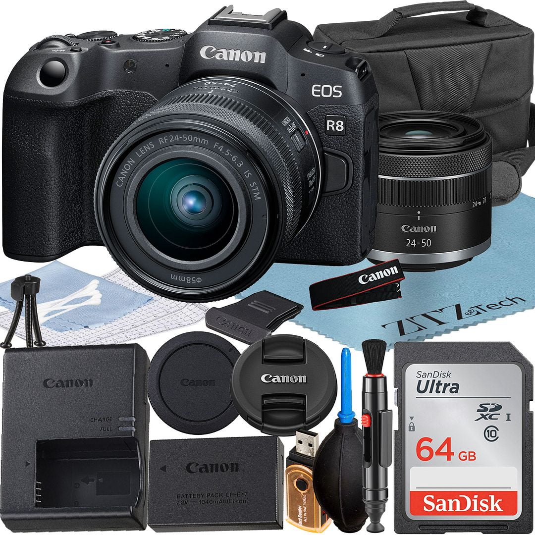 Canon EOS R8 Mirrorless Camera with RF 24-50mm Lens + SanDisk 64GB Memory Card + Case + LED Flash + ZeeTech Accessory Bundle