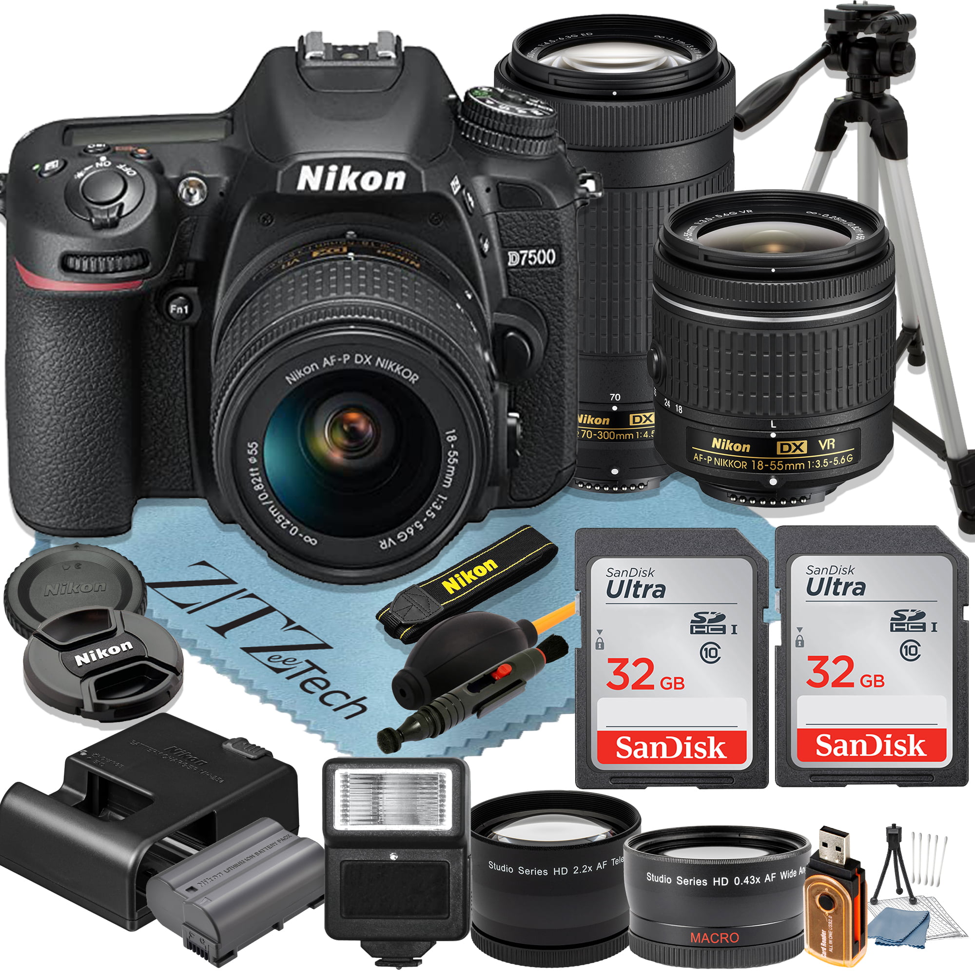 Nikon D7500 DSLR Camera with 18-55mm + 70-300mm Lens + 2 Pcs SanDisk 32GB Memory Cards + Tripod + Wideangle + Flash + ZeeTech Accessory Bundle