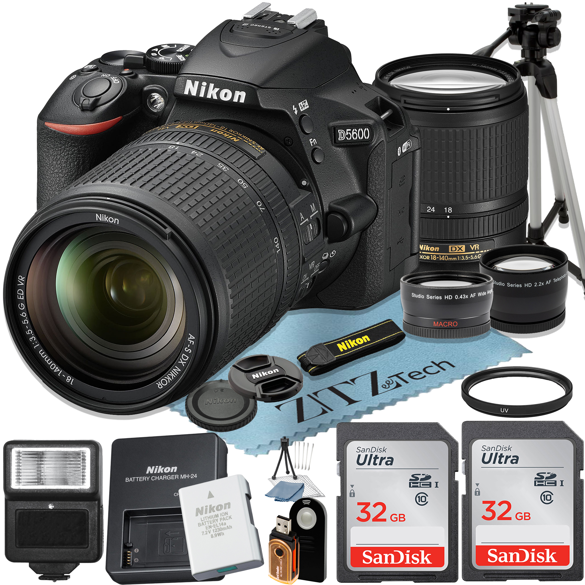 Nikon D5600 DSLR Camera 24.2MP with 18-140mm Lens + 2 Pcs SanDisk 32GB Memory Card + Tripod + Flash + ZeeTech Accessory Bundle