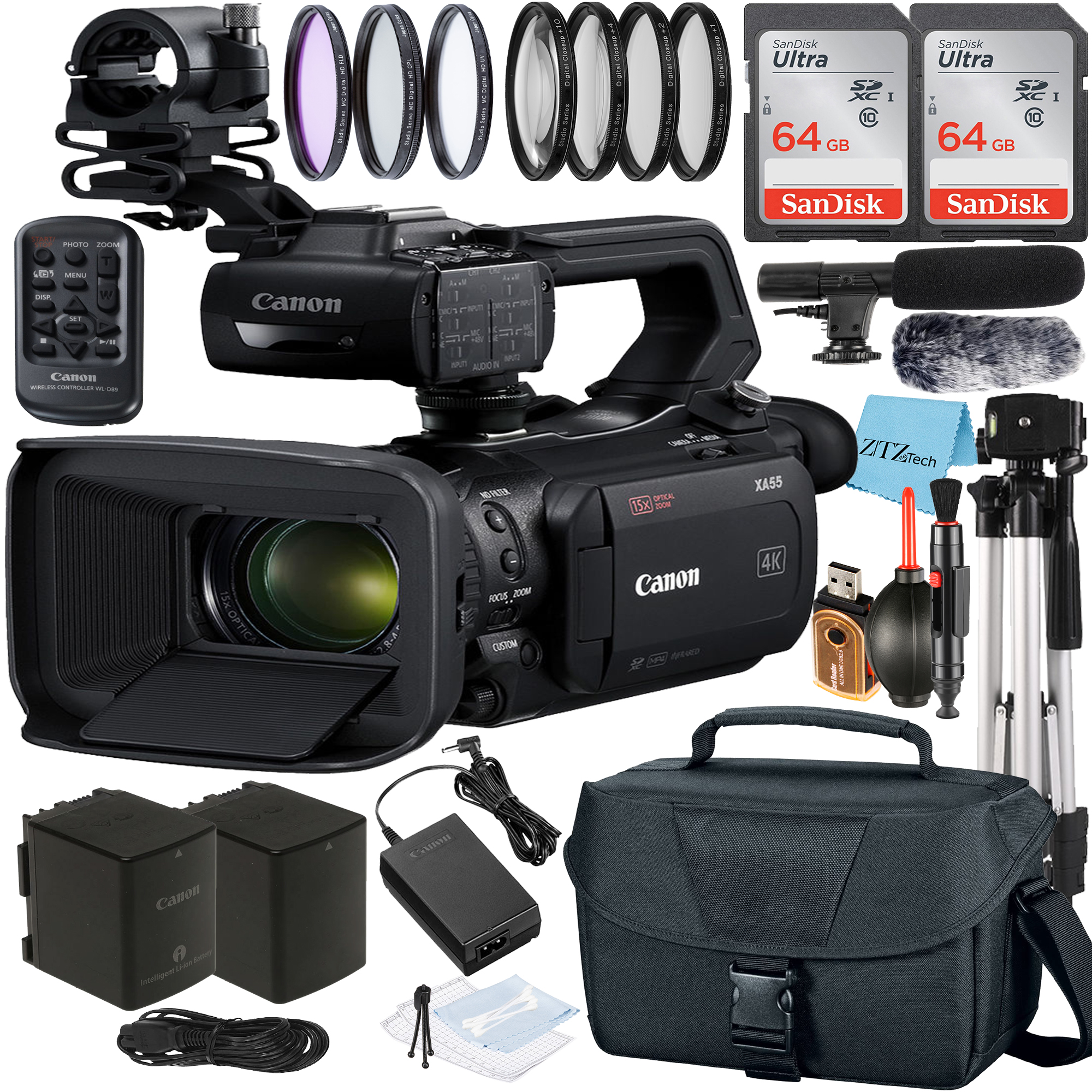 Canon XA55 UHD 4K30 Video Camcorder with 2 Pack 64GB SanDisk Card + Case + Tripod + Microphone + ZeeTech Accessory