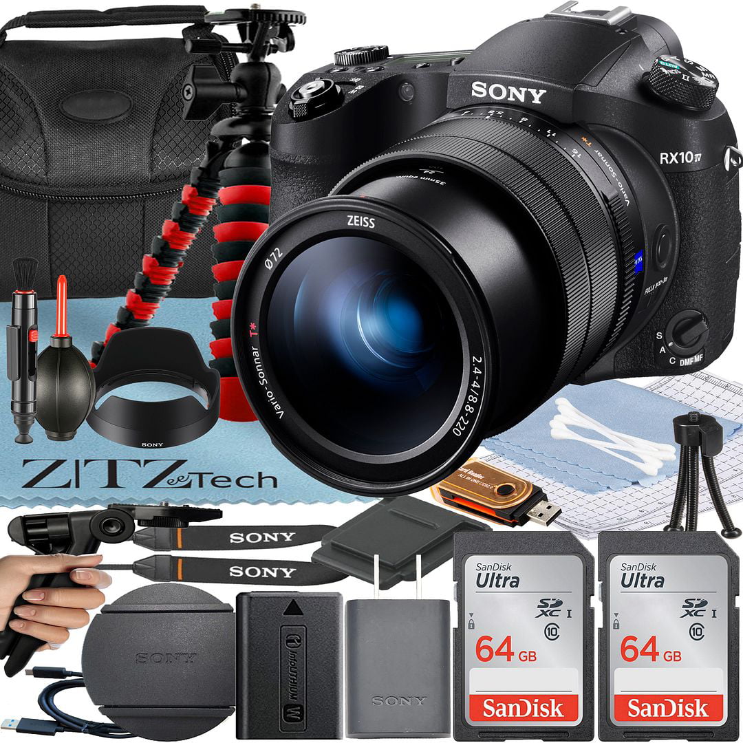 Sony Cyber-shot DSC-RX10 IV Digital Camera + Tripod + Case + 2Pack 64GB Memory Card + ZeeTech Microfiber Cloth