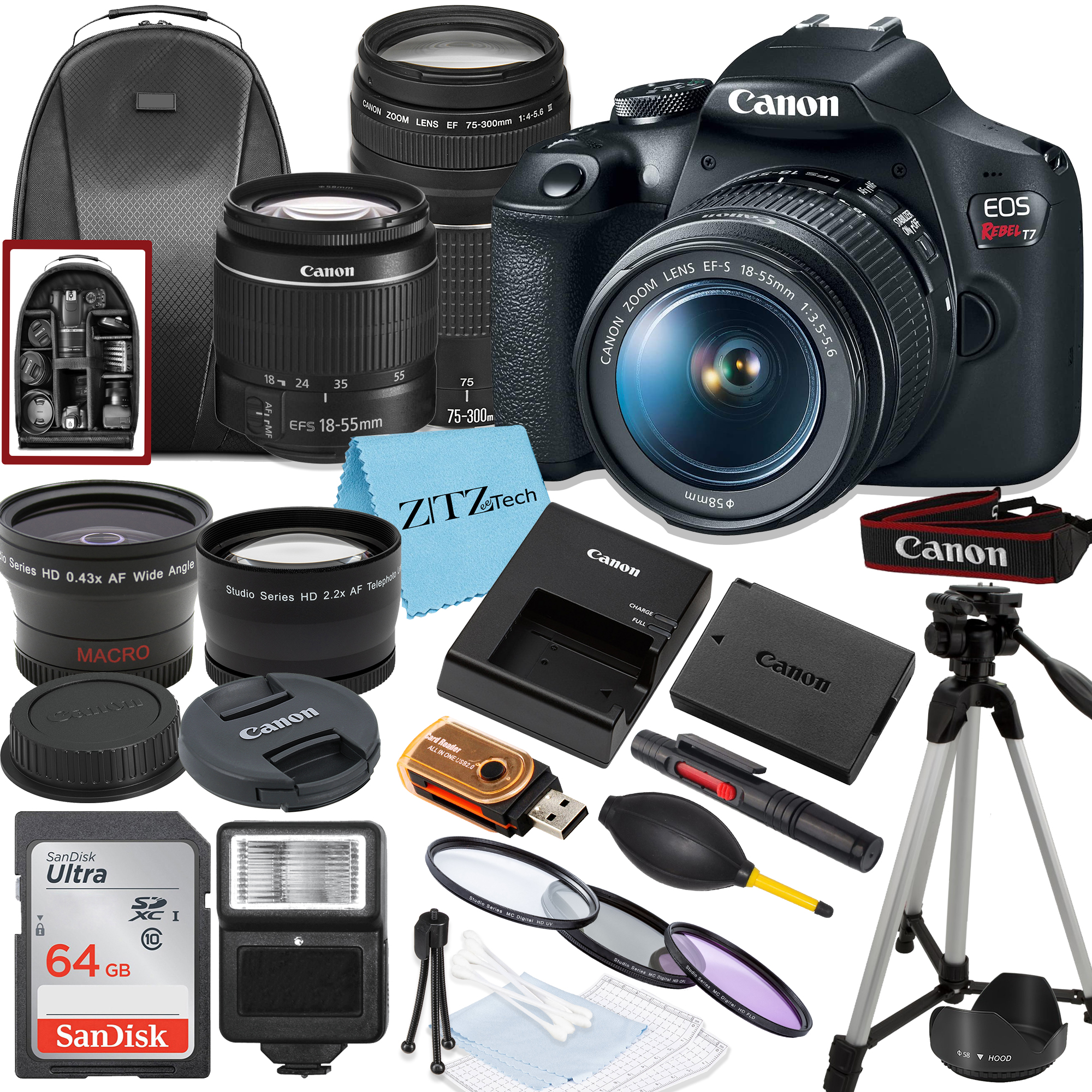 Canon EOS Rebel T7 Digital SLR Camera Bundle with 18-55mm, 75-300mm Lens, SanDisk 64GB Memory Card, Tripod, Flash, Deluxe Backpack and ZeeTech Accessory Bundle