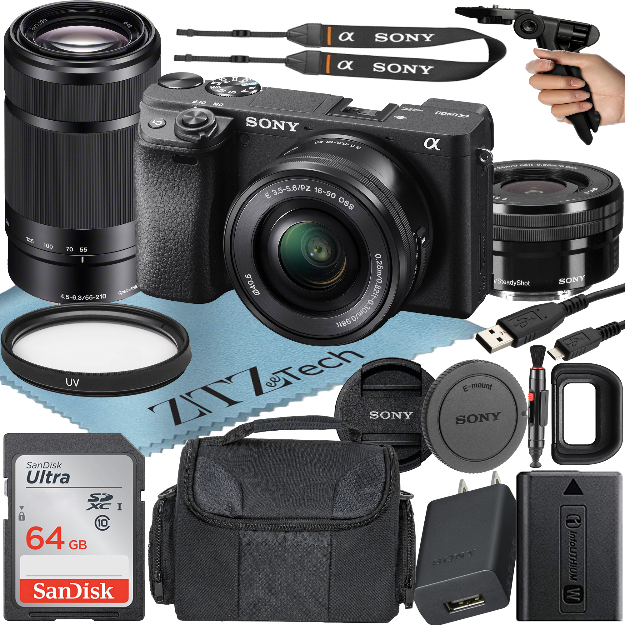 Sony Alpha a6400 Mirrorless Digital Camera with E PZ 16-50mm + E 55-210mm OSS Lens + SanDisk 64GB Card + Case + ZeeTech Accessory Bundle