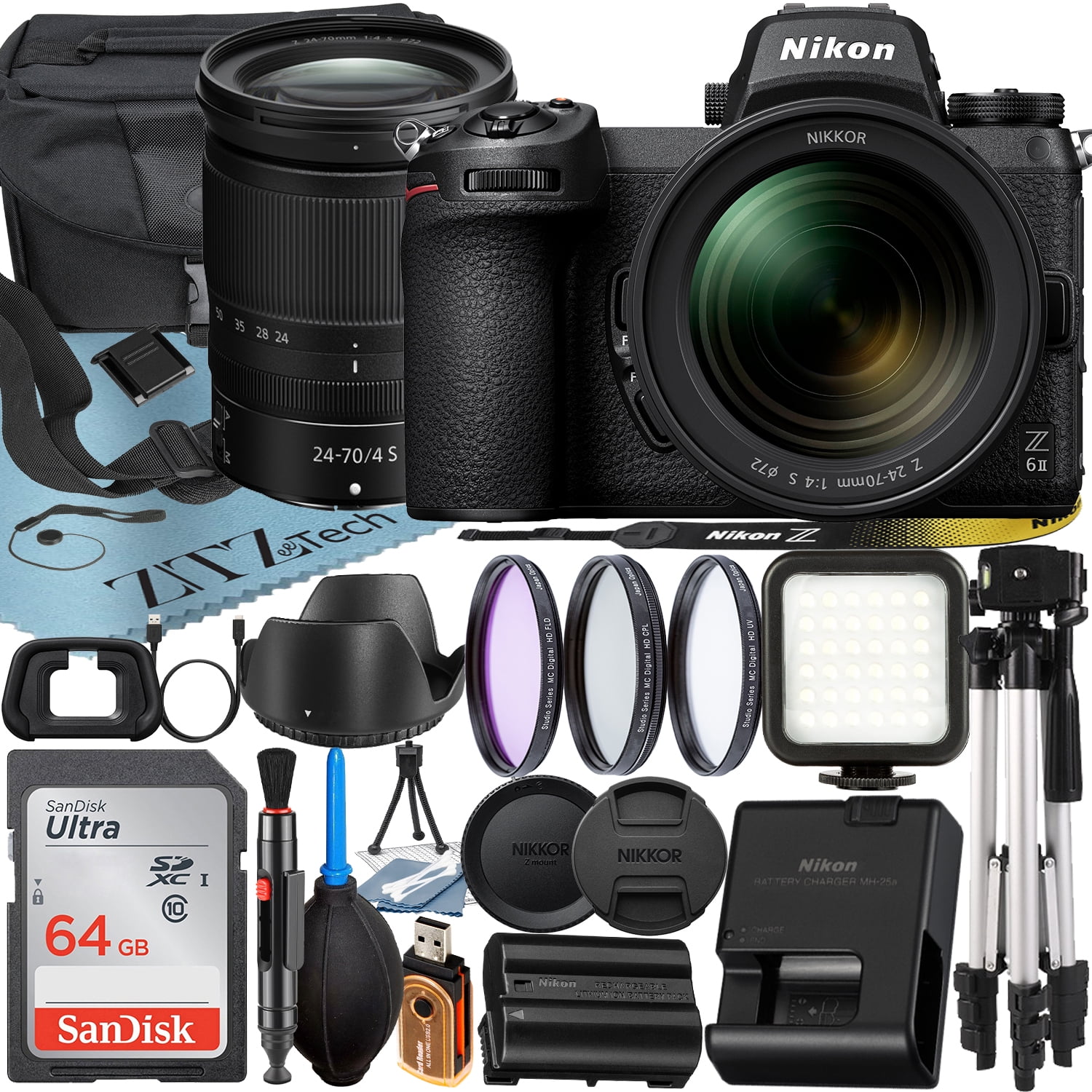 Nikon Z6 II Mirrorless Camera with NIKKOR Z 24-70mm f/4 S Lens + SanDisk 64GB Card + Case + 3 Pieces Filter + Flash + ZeeTech Accessory Bundle