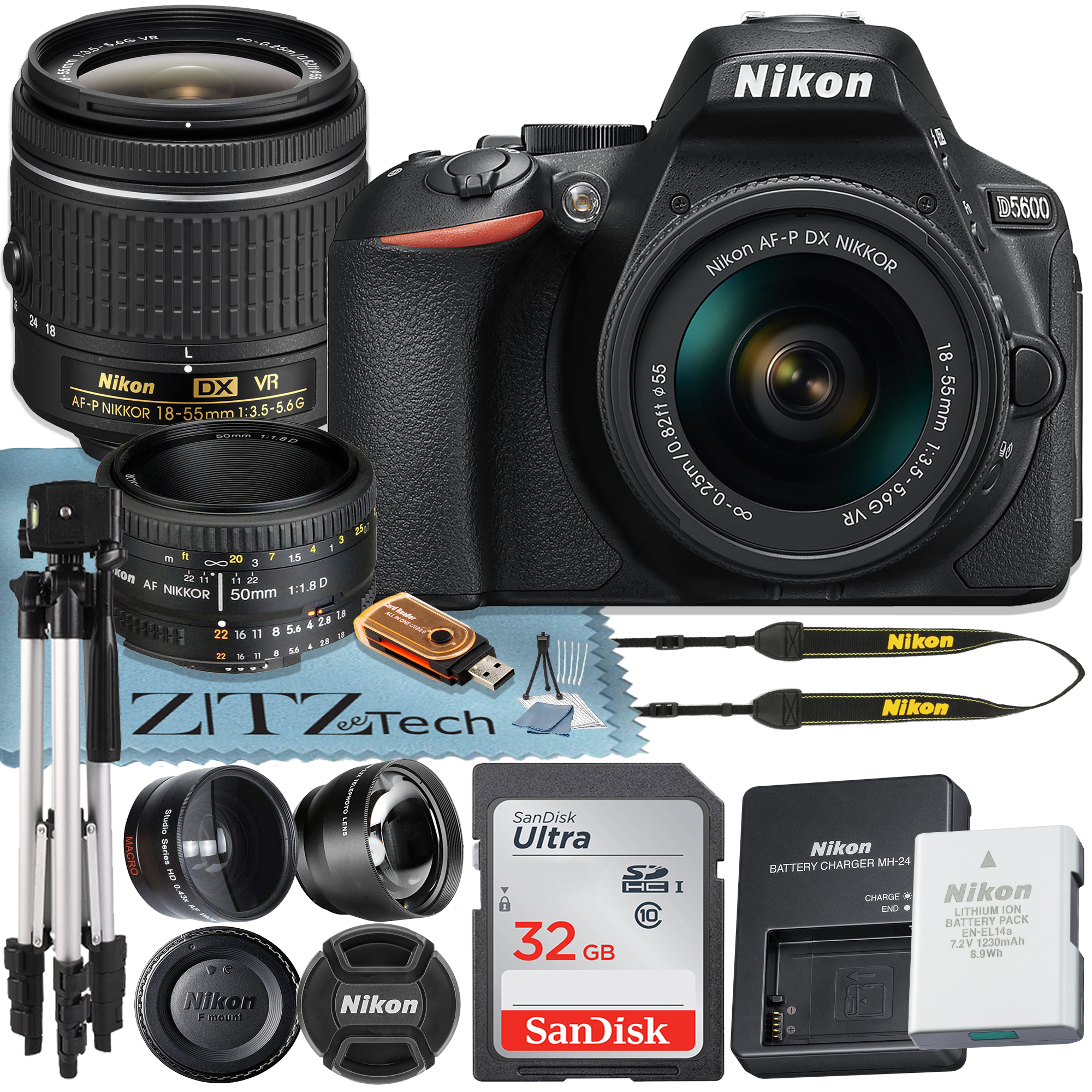 Nikon D5600 DSLR Camera 24.2MP with 18-55mm + AF FX 50mm Lens + SanDisk 32GB Memory Card + Tripod + ZeeTech Accessory Bundle