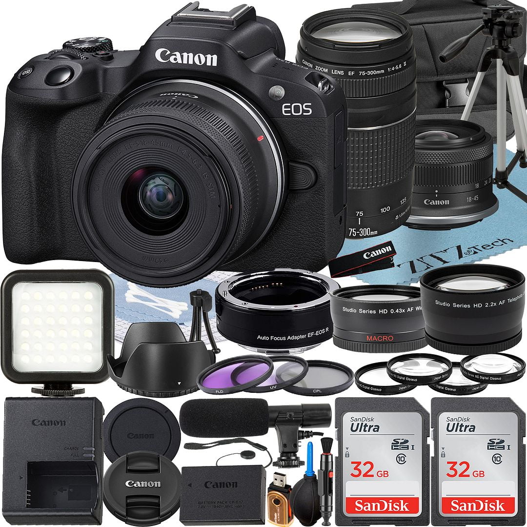 Canon EOS R50 Mirrorless Camera with RF-S 18-45mm + EF 75-300mm Lens + Mount Adapter + 2 Pack SanDisk 32GB Memory Card + Case + LED Flash + ZeeTech Accessory