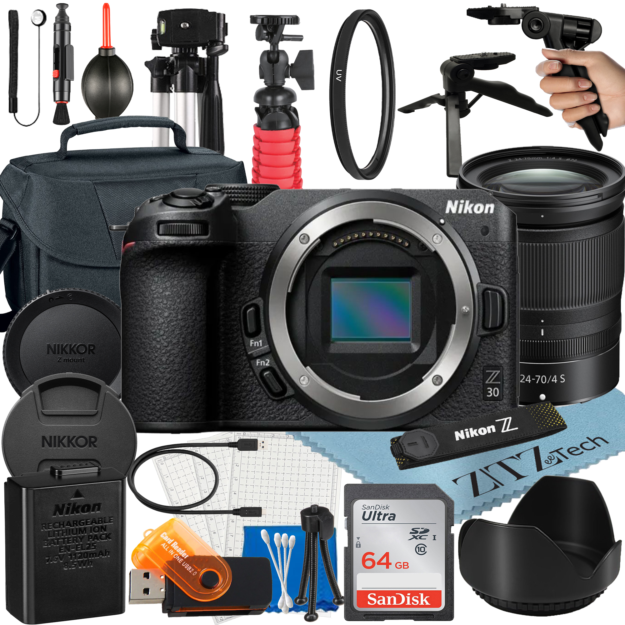 Nikon Z30 Mirrorless Camera Bundle with NIKKOR Z 24-70mm f/4 S Lens + 64GB SanDisk Card + Case + Tripod + ZeeTech Accessory