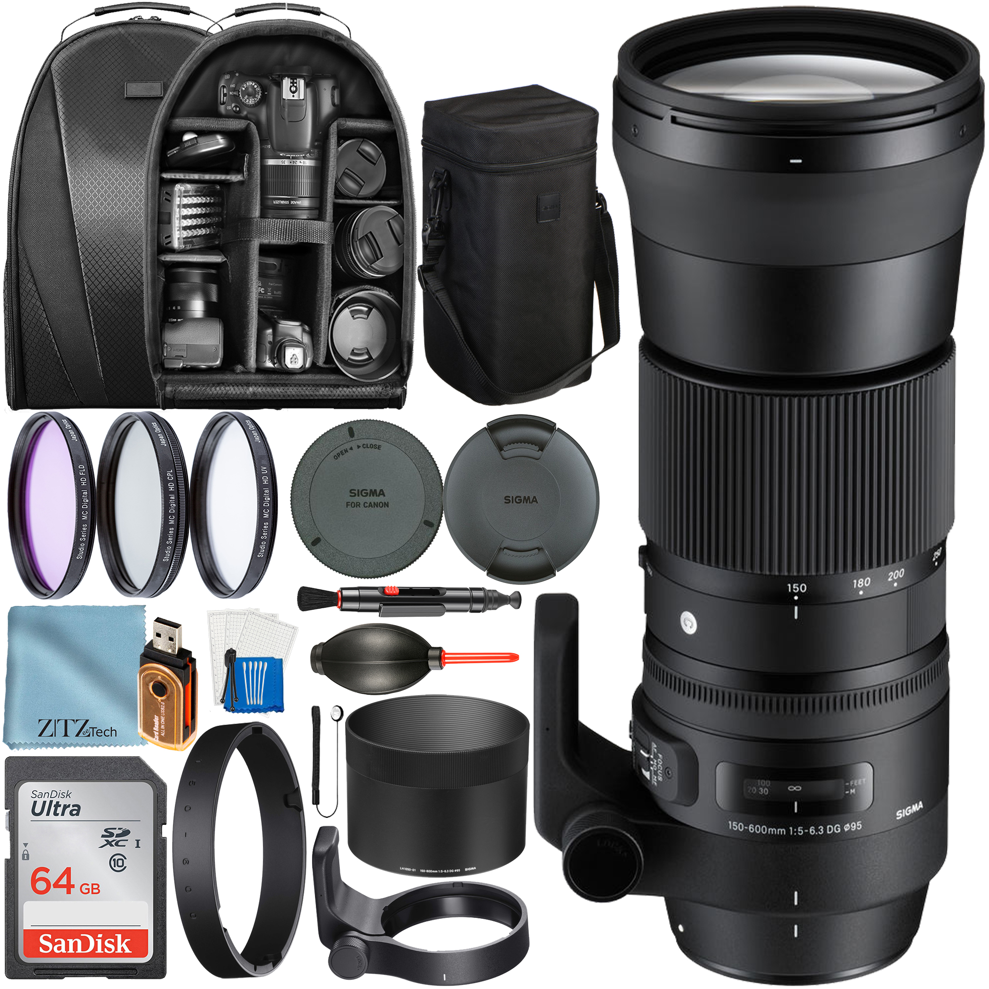 Sigma 150-600mm f/5-6.3 DG OS HSM Contemporary Lens for Canon EF with SanDisk 64GB Card + Backpack + Filter + ZeeTech Accessory