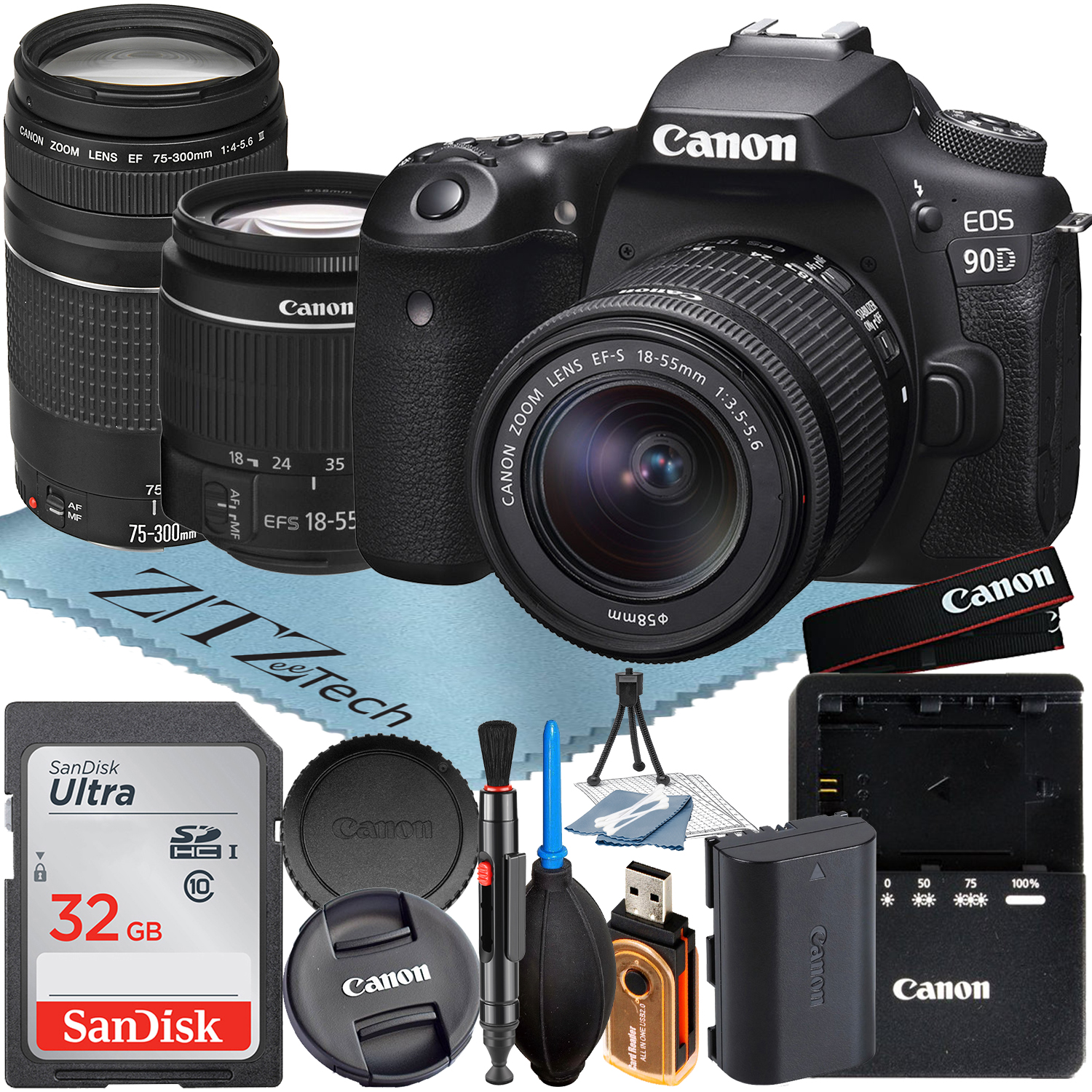 Canon EOS 90D DSLR Camera with 18-55mm + 75-300mm Lens + SanDisk 32GB Memory Card + ZeeTech Accessory Bundle