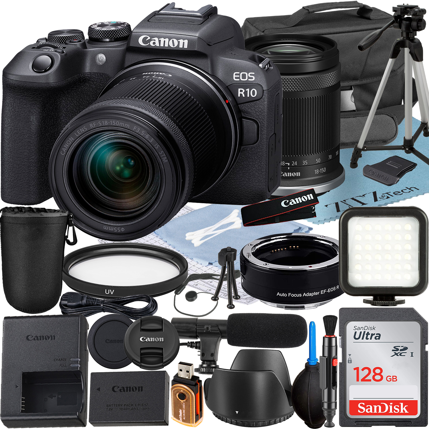 Canon EOS R10 Mirrorless Camera with RF-S 18-150mm Lens + Mount Adapter + SanDisk 128GB Memory Card + Case + LED Flash + ZeeTech Accessory Bundle