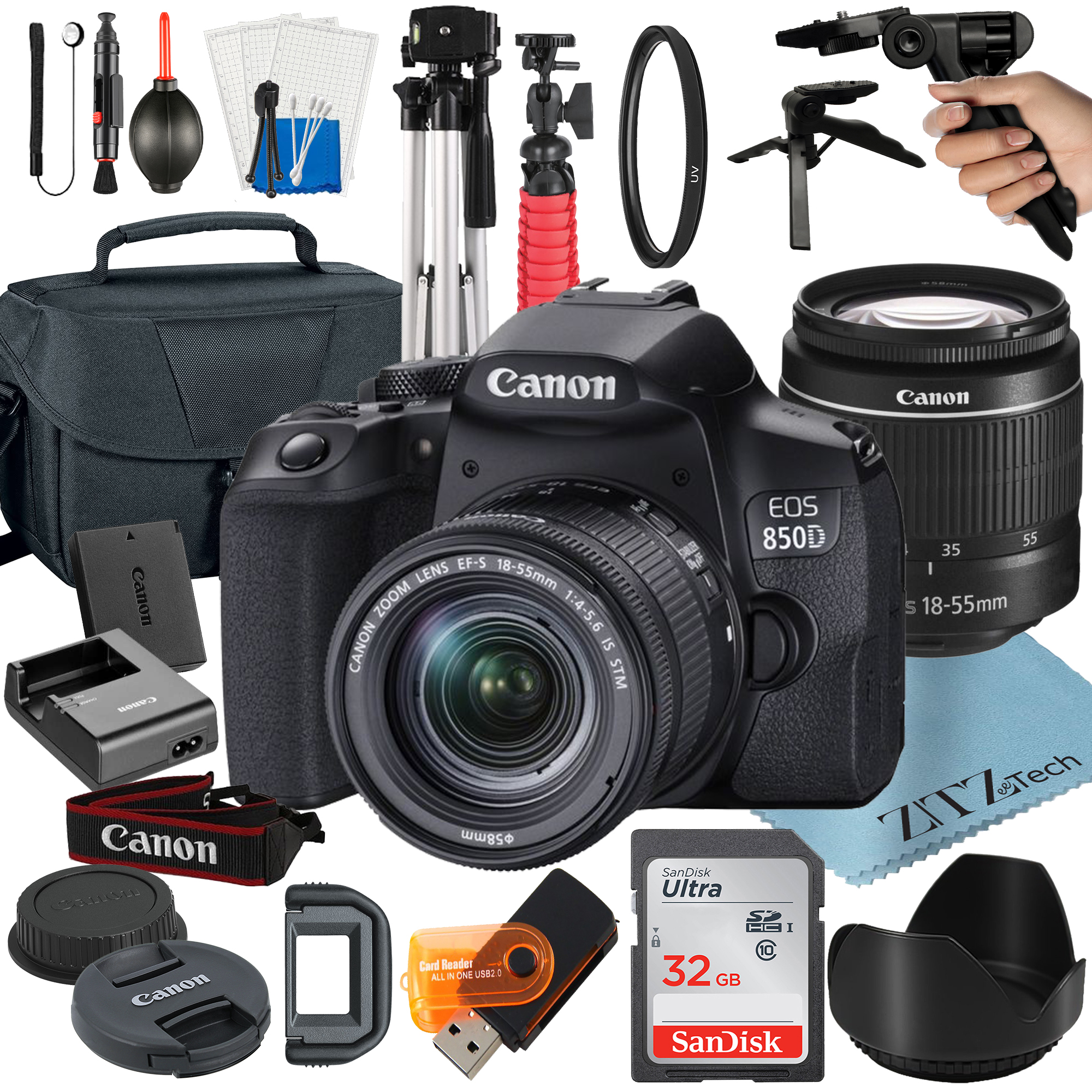 Canon EOS 850D / Rebel T8i DSLR Camera Bundle with 18-55mm Zoom Lens + 32GB SanDisk Card + Case + Tripod + ZeeTech Accessory