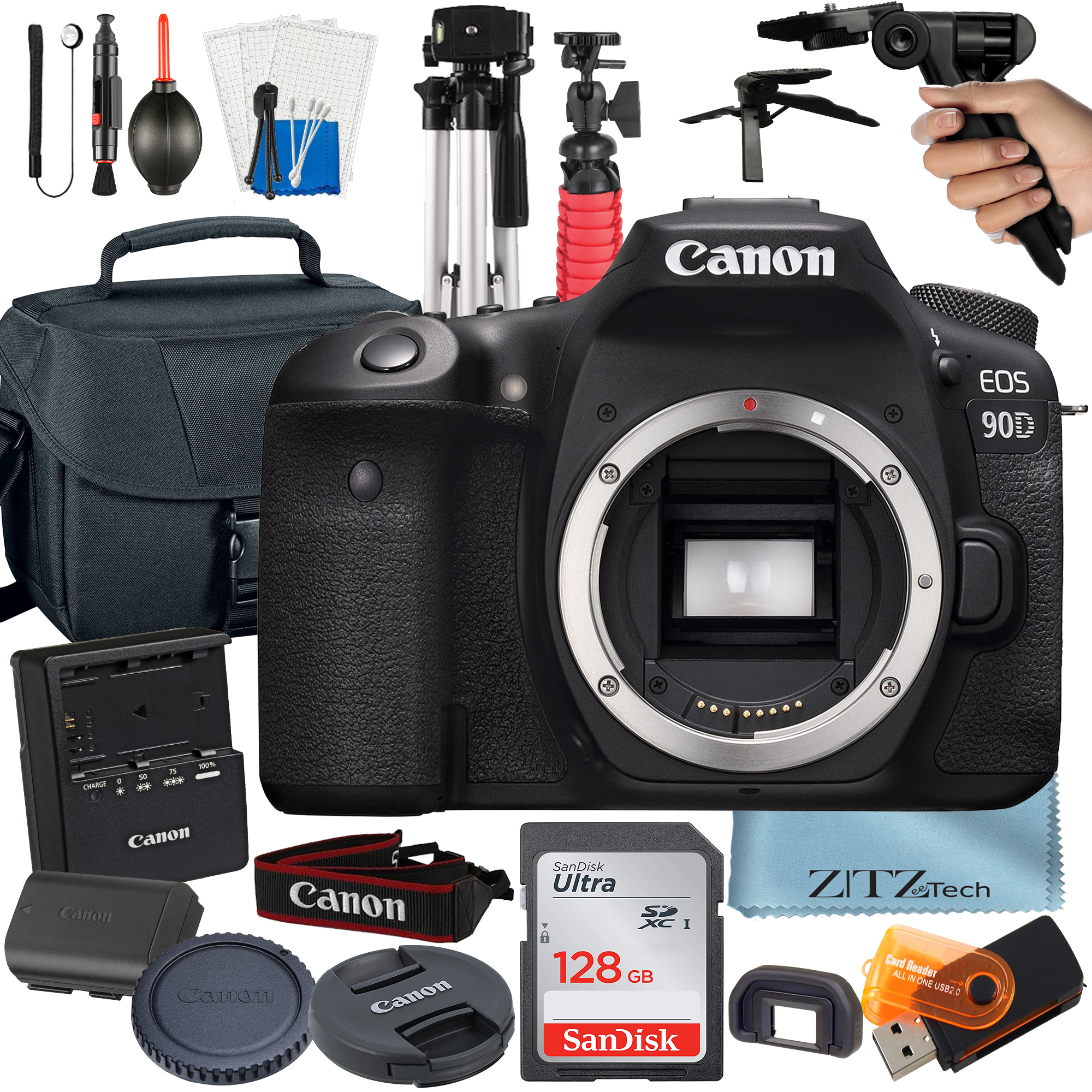 Canon EOS 90D DSLR Camera (Body Only) Bundle with 128GB SanDisk Card + Case + Tripod + ZeeTech Accessory