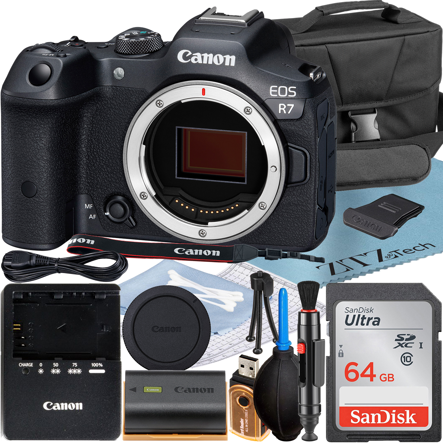 Canon EOS R7 Mirrorless Camera (Body) with 4K 60 Video + SanDisk 64GB Memory Card + Case + ZeeTech Accessory Bundle