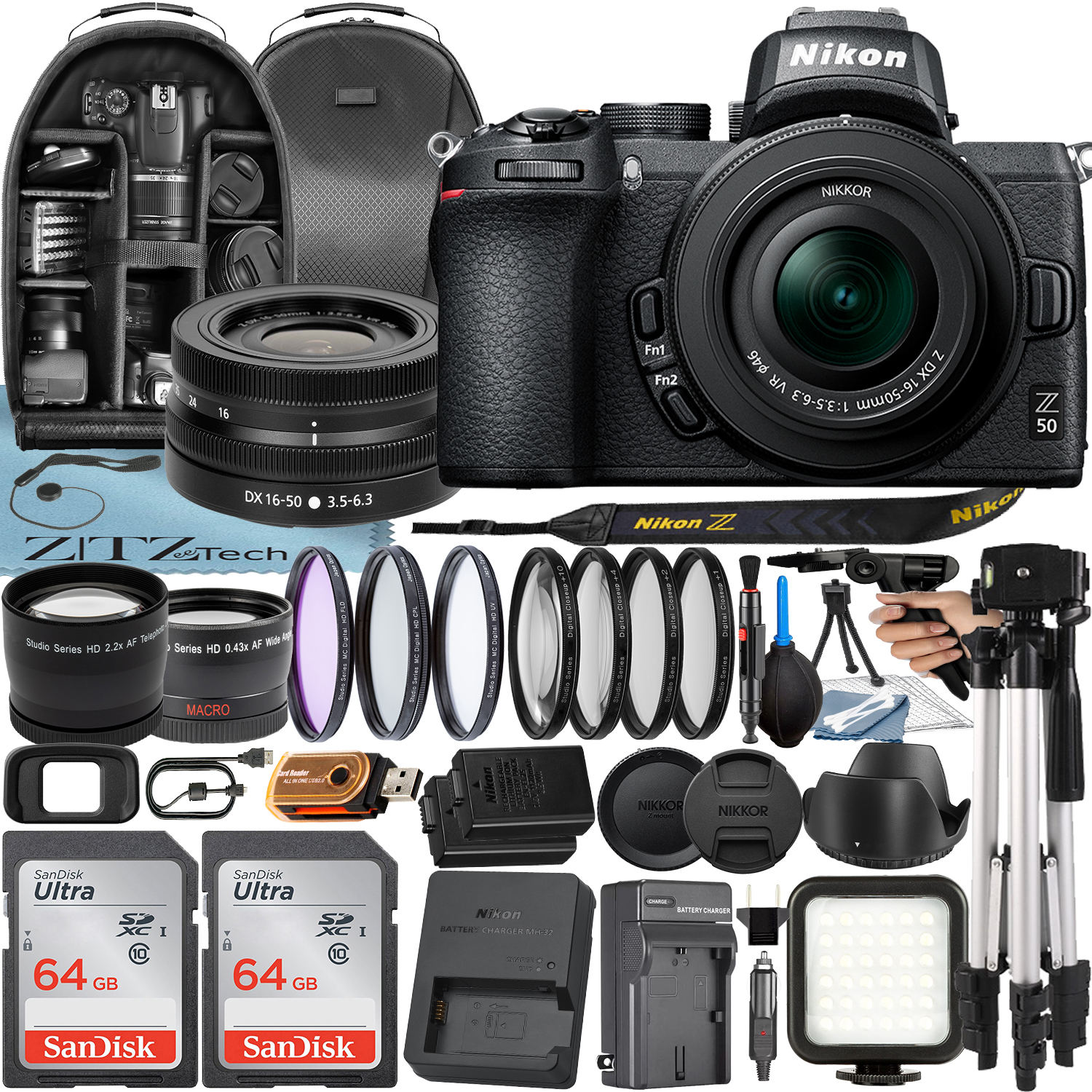 Nikon Z50 Mirrorless Camera with NIKKOR Z DX 16-50mm VR Lens + 2 Pack 64GB SanDisk Card + Case + Tripod + ZeeTech Accessory Bundle