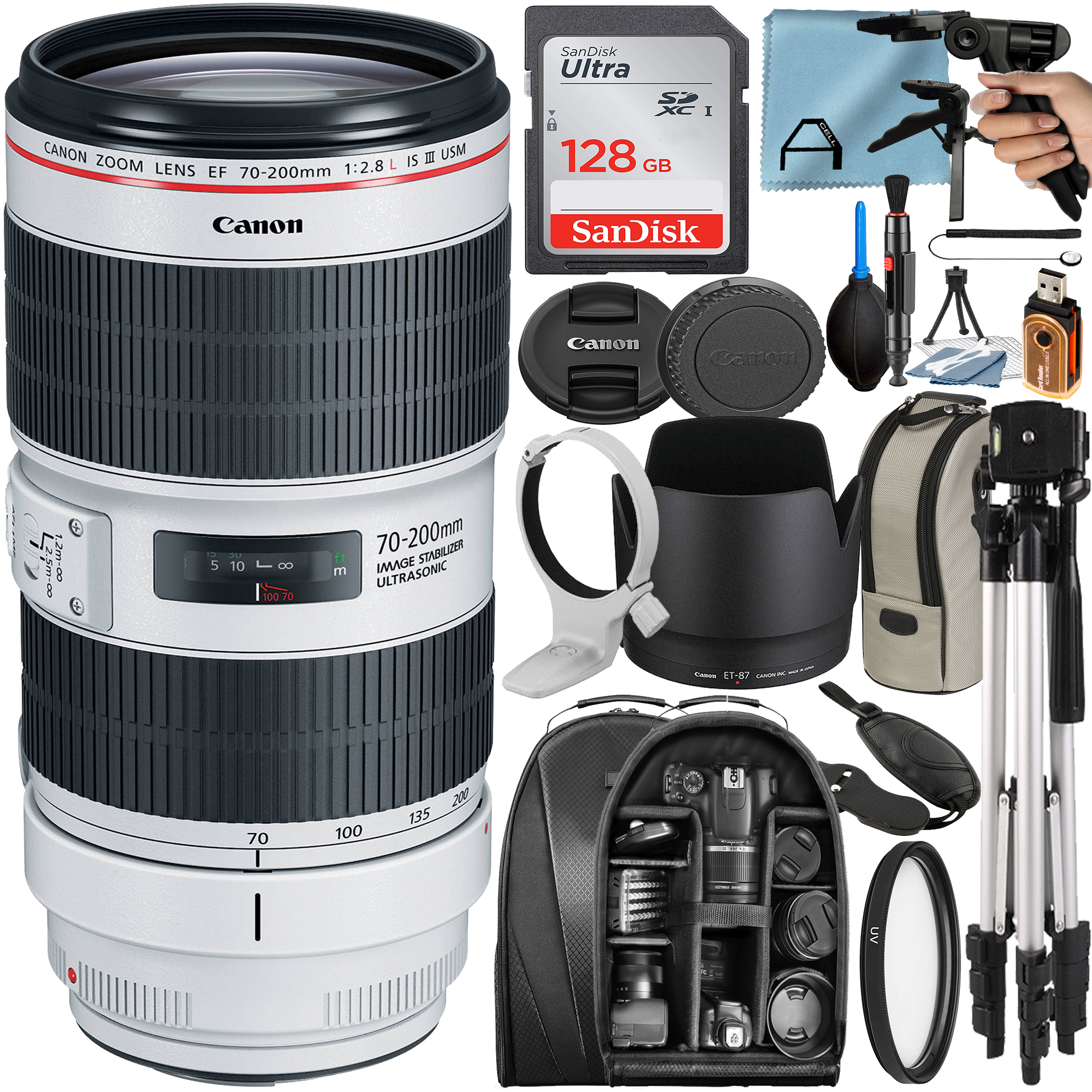 Canon EF 70-200mm f/2.8L IS III USM Lens with 128GB SanDisk Memory Card + Tripod + Backpack + A-Cell Accessory Bundle