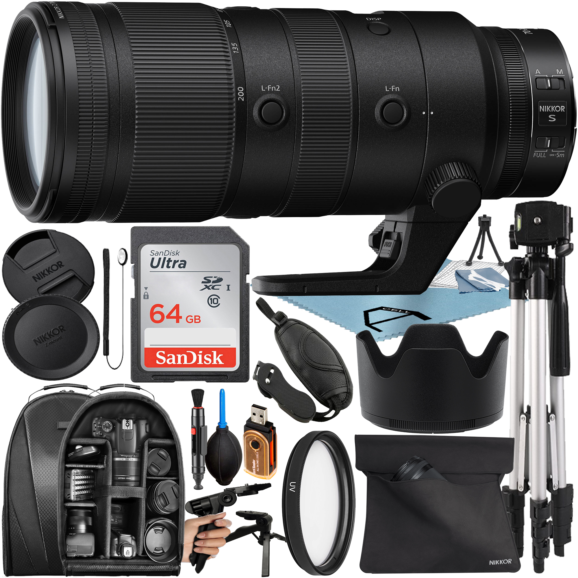 Nikon NIKKOR Z 70-200mm F/2.8 VR S Lens with 64GB SanDisk Memory Card + Tripod + Backpack + A-Cell Accessory Bundle
