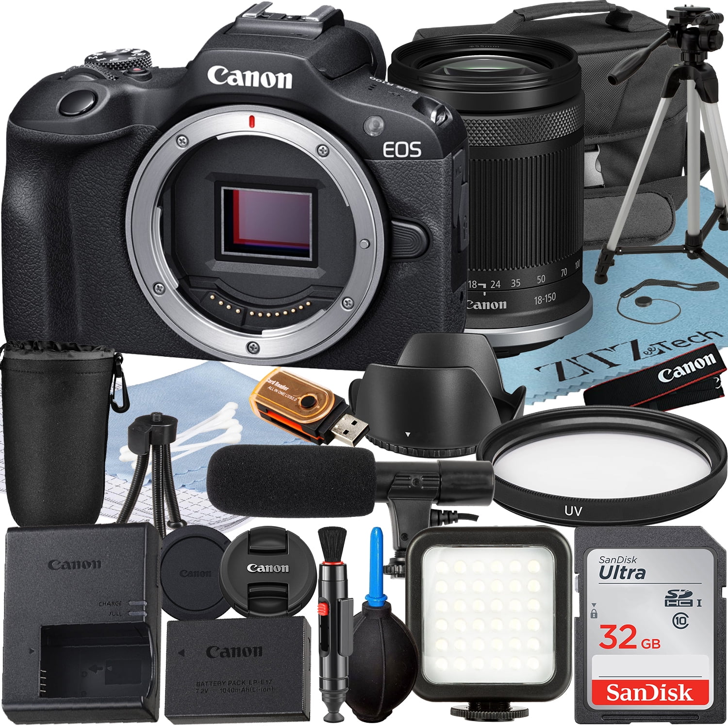 Canon EOS R100 Mirrorless Camera with RF-S 18-150mm Lens + SanDisk 32GB Memory Card + Case + LED Flash + ZeeTech Accessory Bundle