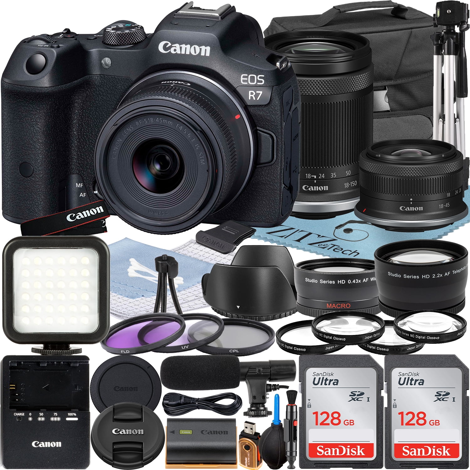 Canon EOS R7 Mirrorless Camera with RF-S 18-45mm + 18-150mm Lens + 2 Pack SanDisk 128GB Memory Card + Case + ZeeTech Accessory