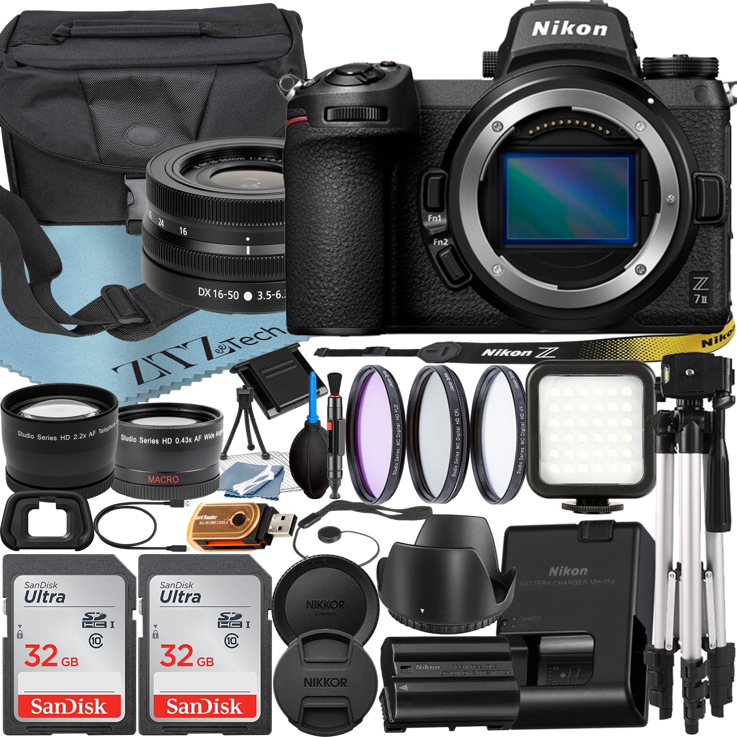 Nikon Z7 II Mirrorless Camera with NIKKOR Z DX 16-50mm VR Zoom Lens + SanDisk 64GB Card + Case + Wideangle + Tripod + ZeeTech Accessory Bundle