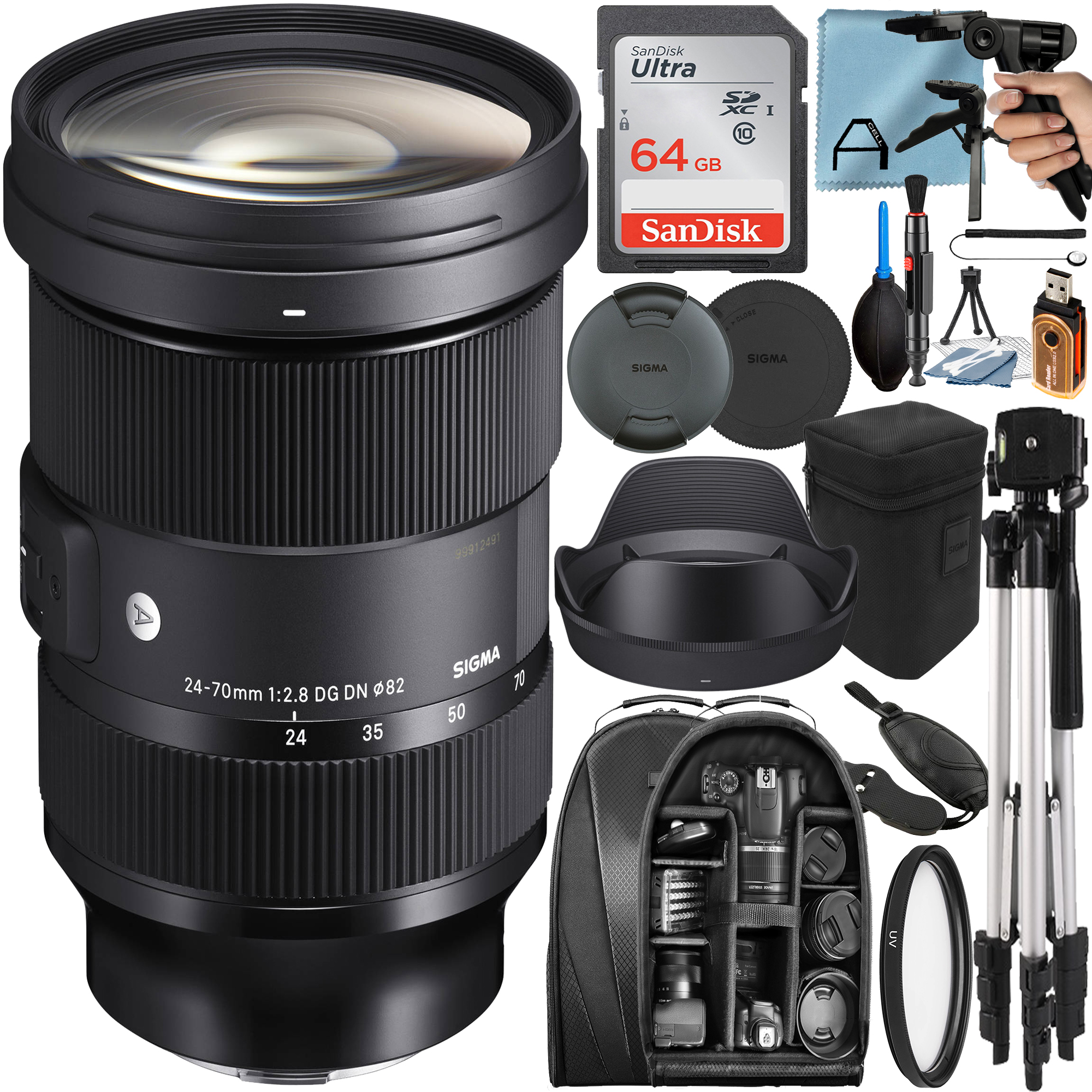 Sigma 24-70mm F/2.8 DG DN Art Lens for Sony E with 64GB SanDisk Memory Card + Tripod + Backpack + A-Cell Accessory Bundle